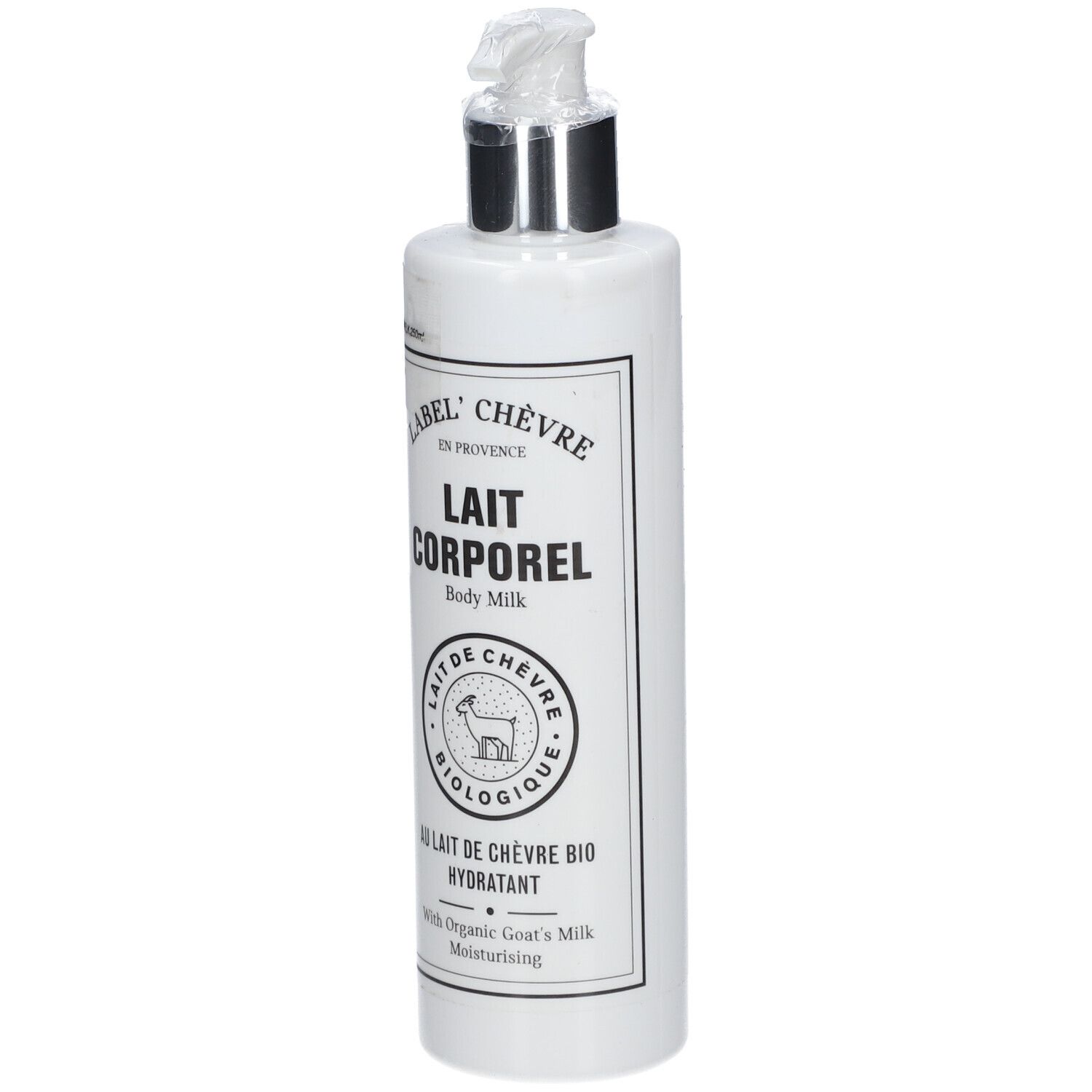Weiße Flasche mit Pumpe. Aufschrift: Lait Corporel, Lait de Chèvre Bio. Mit Ziegenmilch.