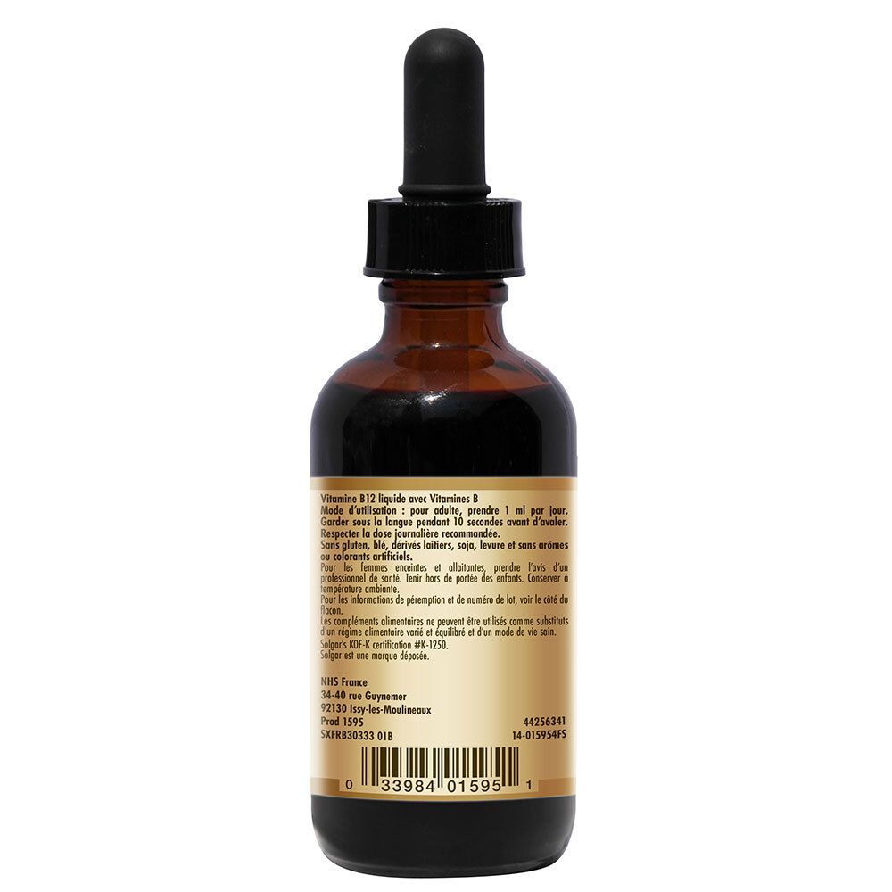 Dos du flacon en verre brun. Étiquette avec informations produit, ingrédients, mode d'emploi et adresse du fabricant.