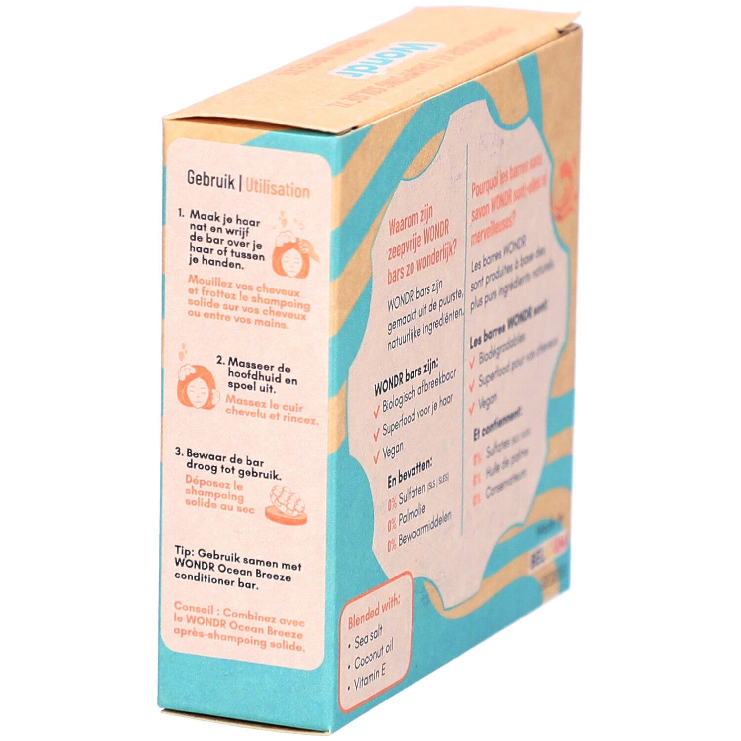 Kartonverpackung. Gebrauchsanweisung und Text über die Vorteile von Wondr-Bars. Hergestellt in Belgien.
