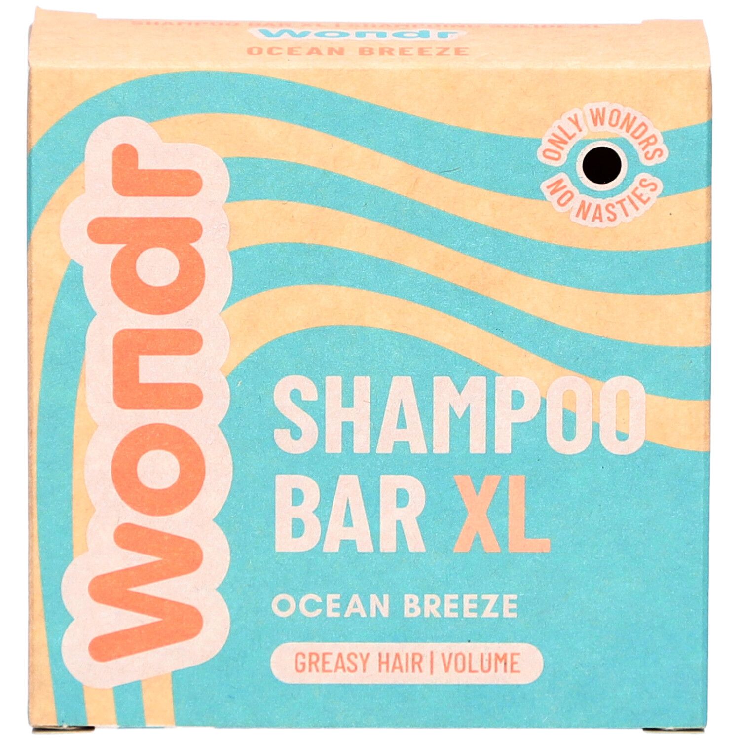 Kartonverpackung. Aufschrift: Wondr, Shampoo Bar XL, Ocean Breeze, fettiges Haar. Wellenmuster.