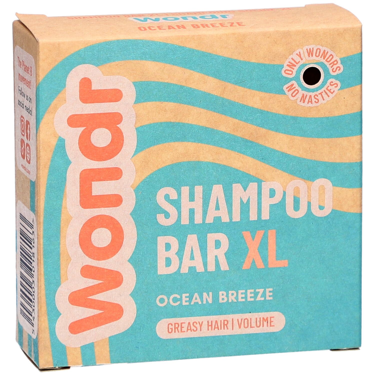 Kartonverpackung. Aufschrift: Wondr, Shampoo Bar XL, Ocean Breeze, fettiges Haar. Wellenmuster.