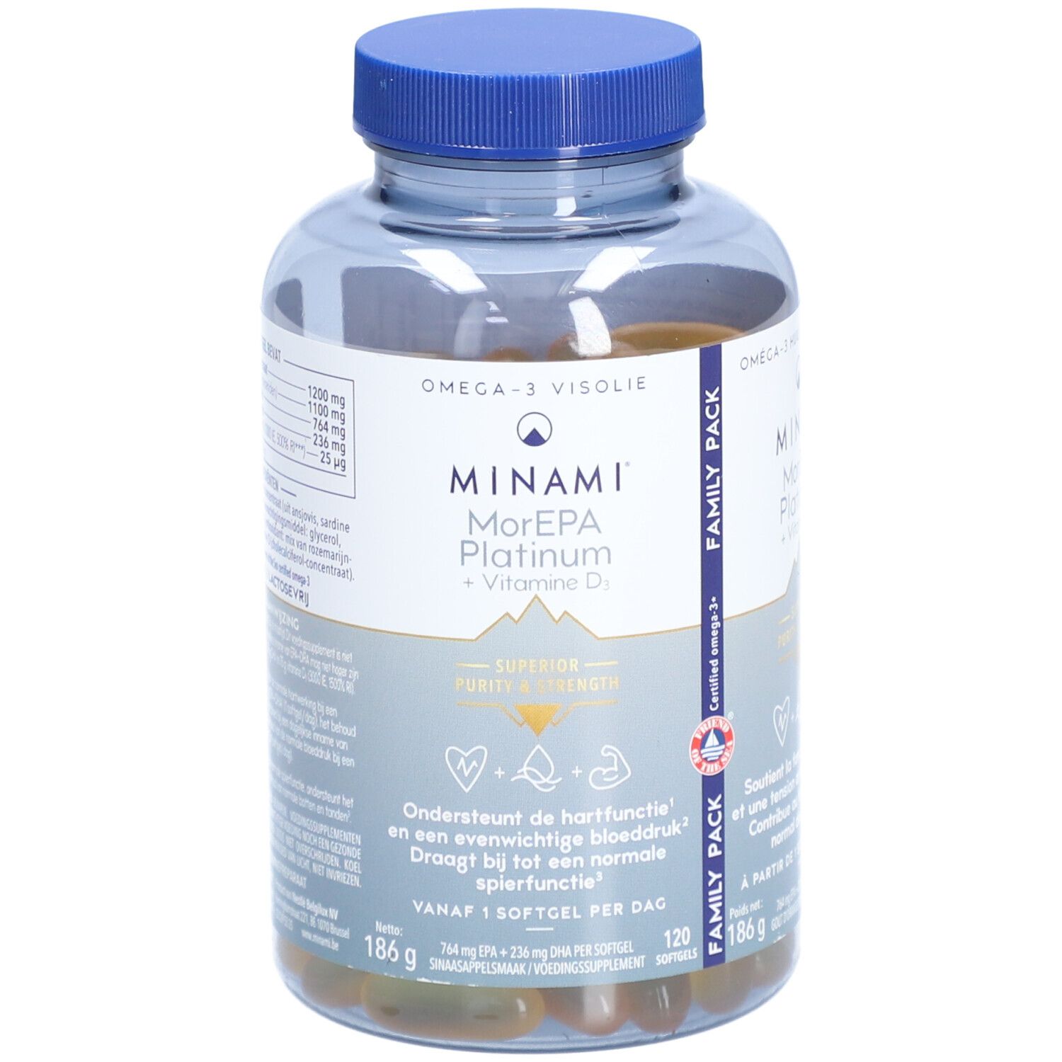 Klare Flasche mit Kapseln. Aufschrift: Minami MorEpa Platinum + Vitamin D3. Blaue Kappe. Familienpackung.