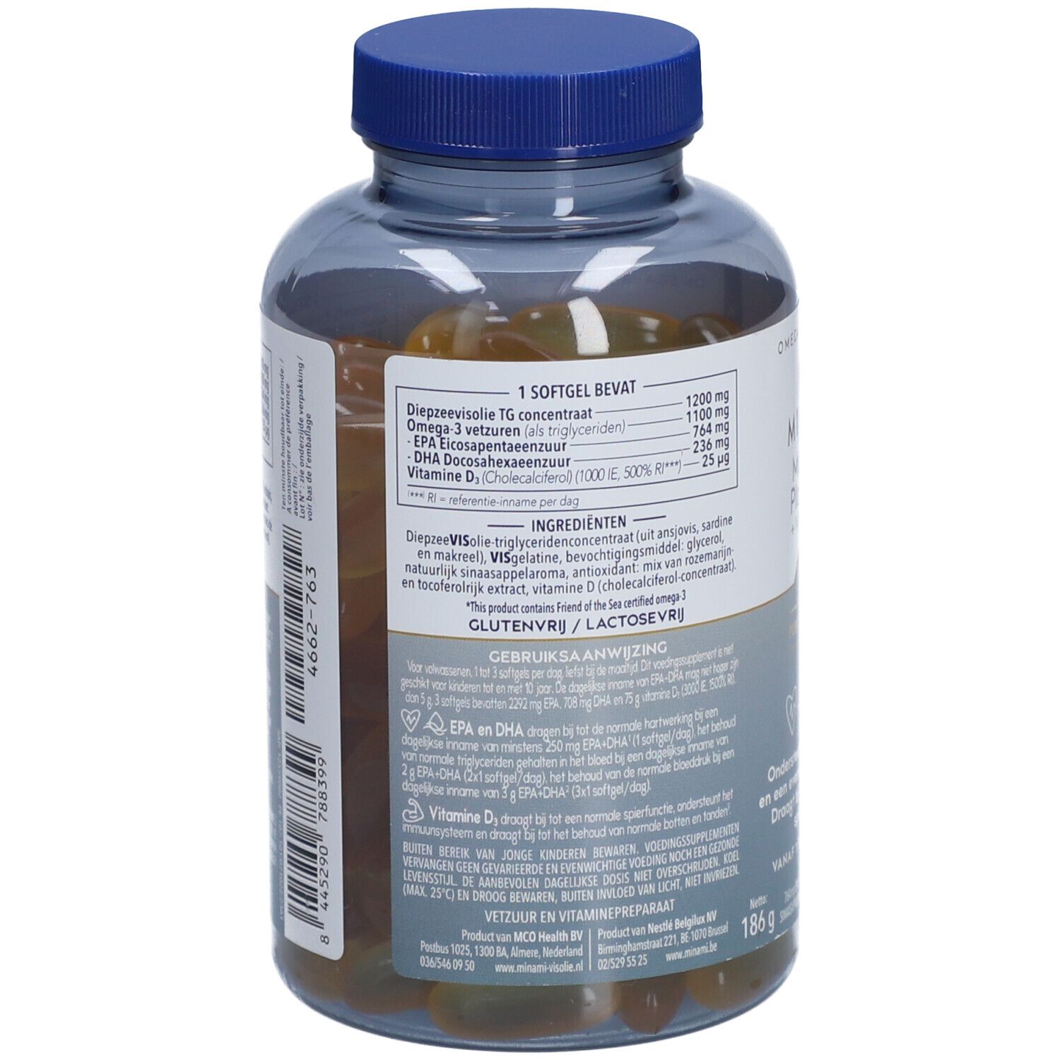 Rückseite der Flasche mit Inhaltsangaben. Aufschrift: Minami MorEpa Platinum + Vitamin D3. Blaue Kappe.