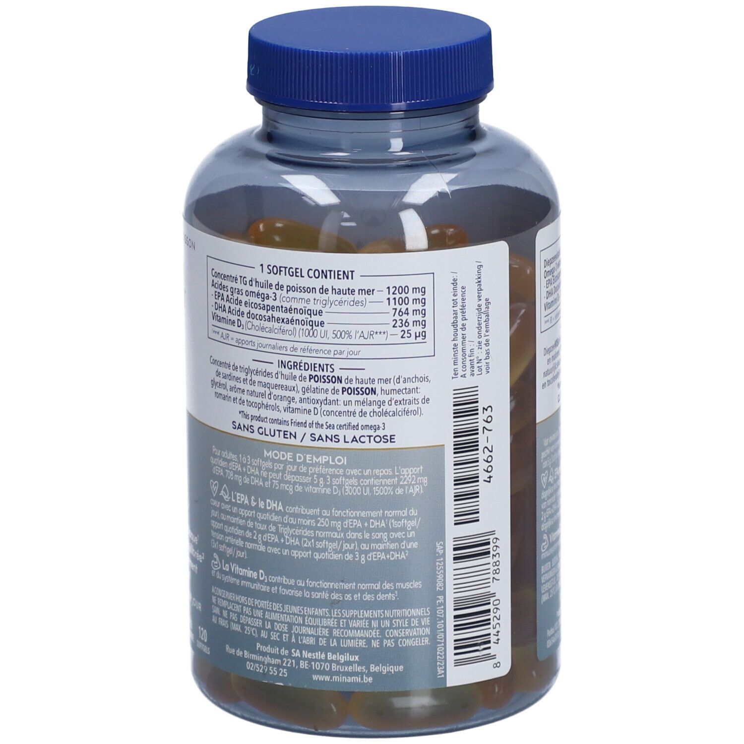 Rückseite der Flasche mit Inhaltsangaben. Aufschrift: Minami MorEpa Platinum + Vitamin D3. Blaue Kappe.