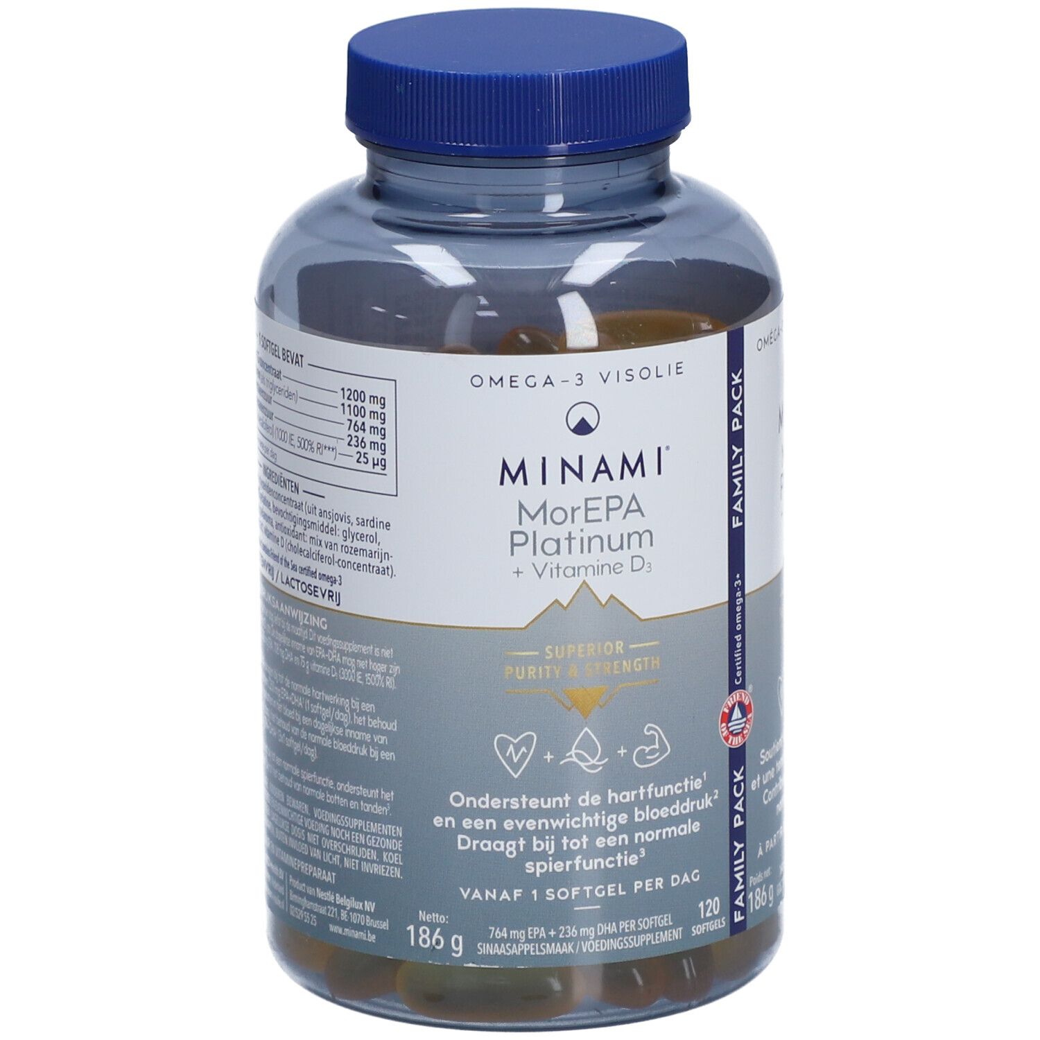 Klare Flasche mit Kapseln. Aufschrift: Minami MorEpa Platinum + Vitamin D3. Blaue Kappe. Familienpackung.