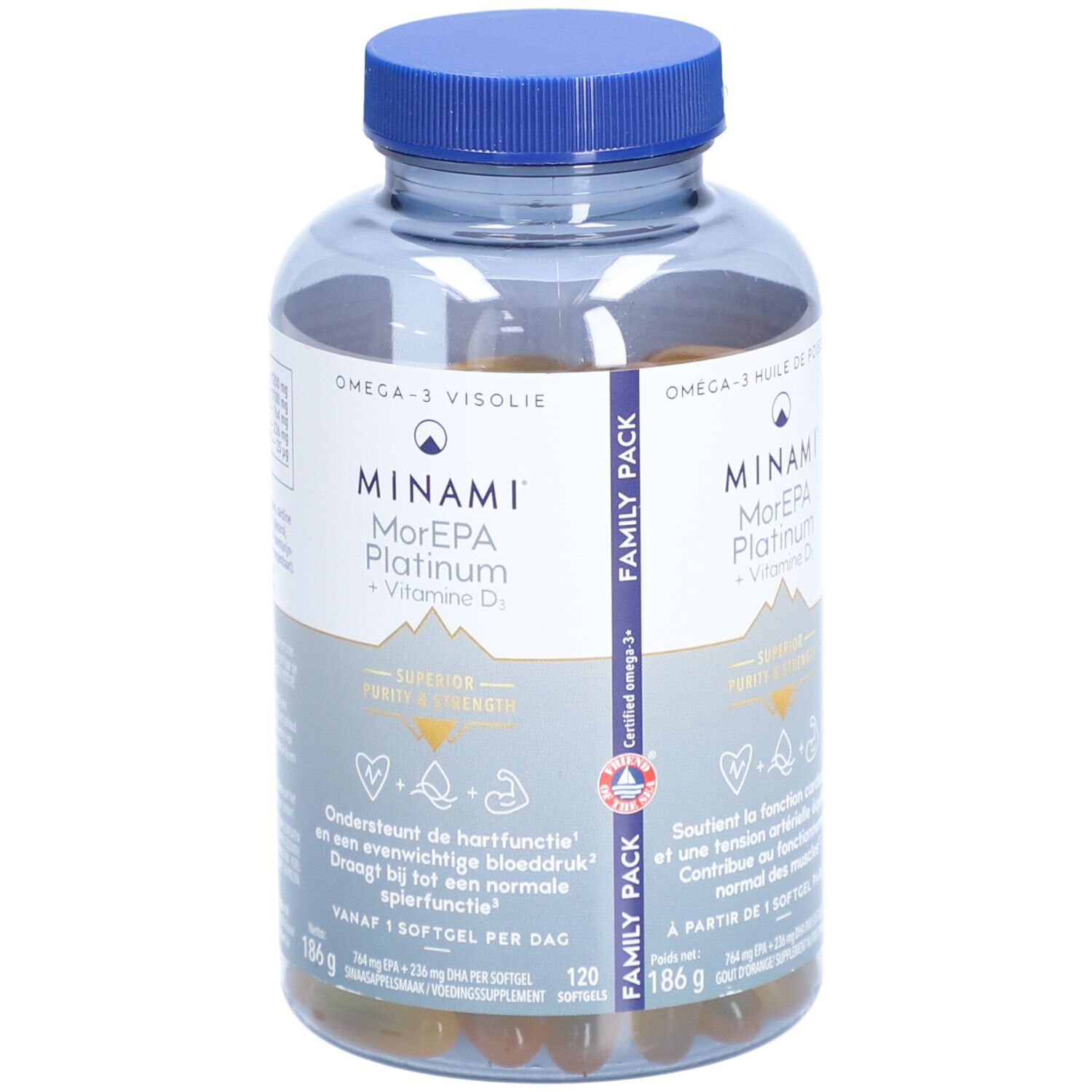 Klare Flasche mit Kapseln. Aufschrift: Minami MorEpa Platinum + Vitamin D3. Blaue Kappe. Familienpackung.