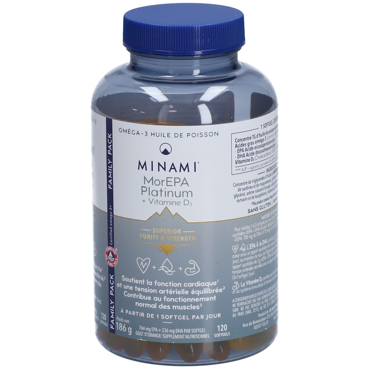 Klare Flasche mit Kapseln. Aufschrift: Minami MorEpa Platinum + Vitamin D3. Blaue Kappe. Familienpackung.