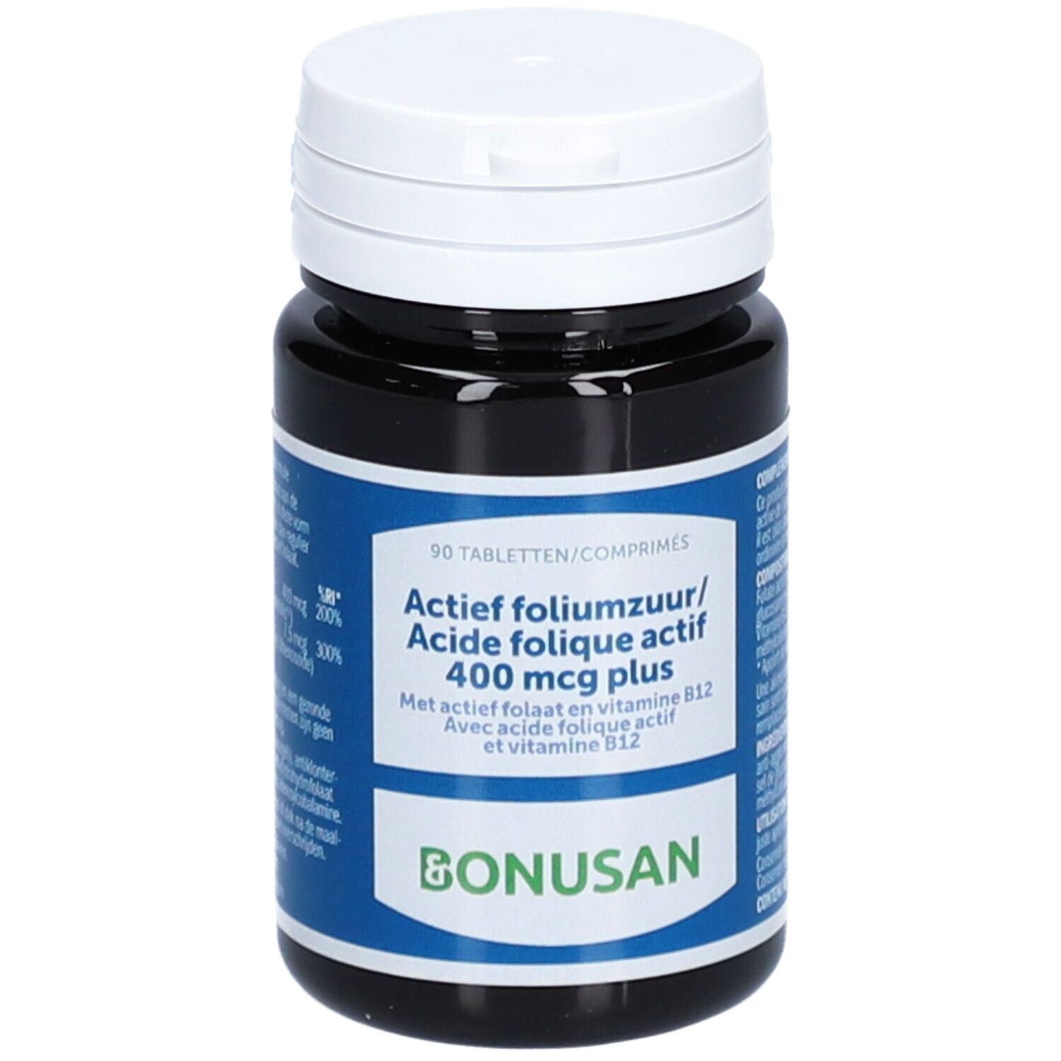 Dunkelbraune Tablettenflasche mit weißem Deckel. Blaues Etikett mit Produktnamen und Marke BONUSAN. Enthält 90 Tabletten.