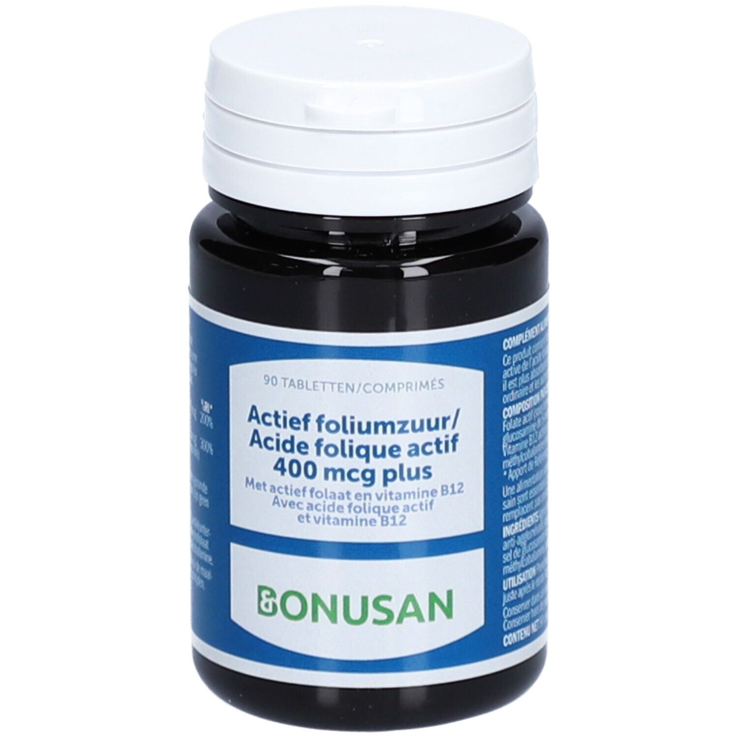 Dunkelbraune Tablettenflasche mit weißem Deckel. Blaues Etikett mit Produktnamen und Marke BONUSAN. Enthält 90 Tabletten.