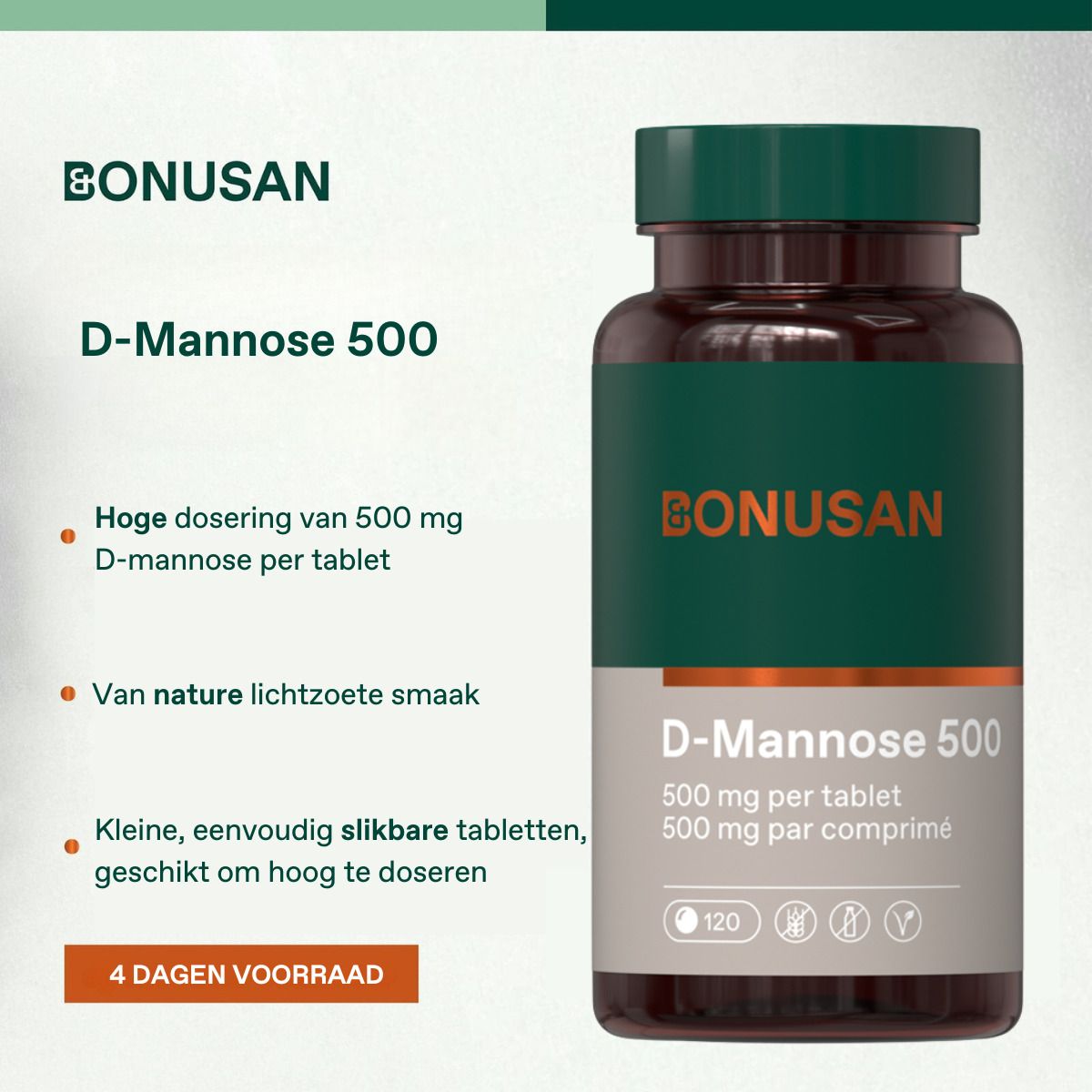 Image publicitaire avec flacon et texte. "BONUSAN" et "D-Mannose 500". Texte sur le dosage et le goût.