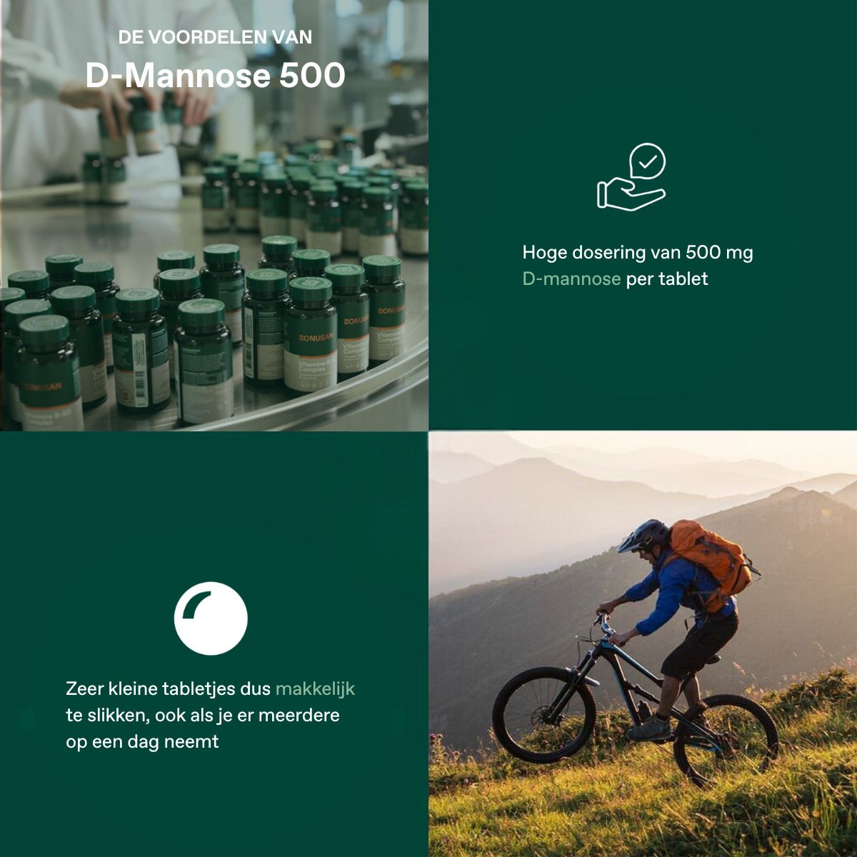 Collage d'images et de texte. Images de fabrication de comprimés et cycliste. Texte sur les avantages.