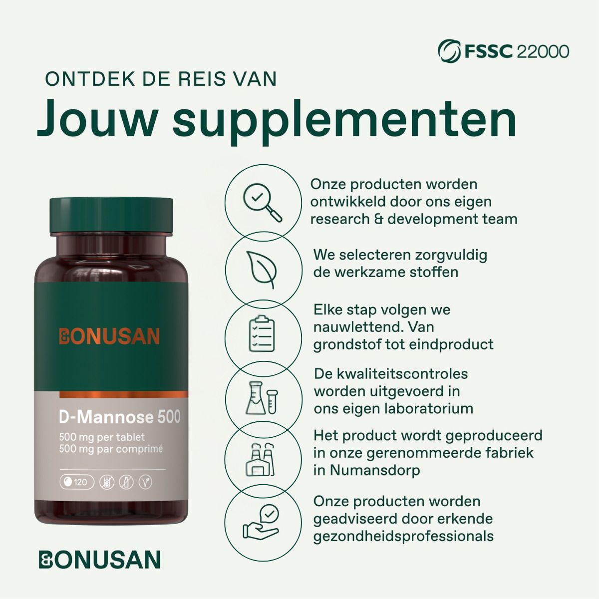 Image avec flacon et icônes. Texte sur le voyage de vos compléments. FSSC 22000.