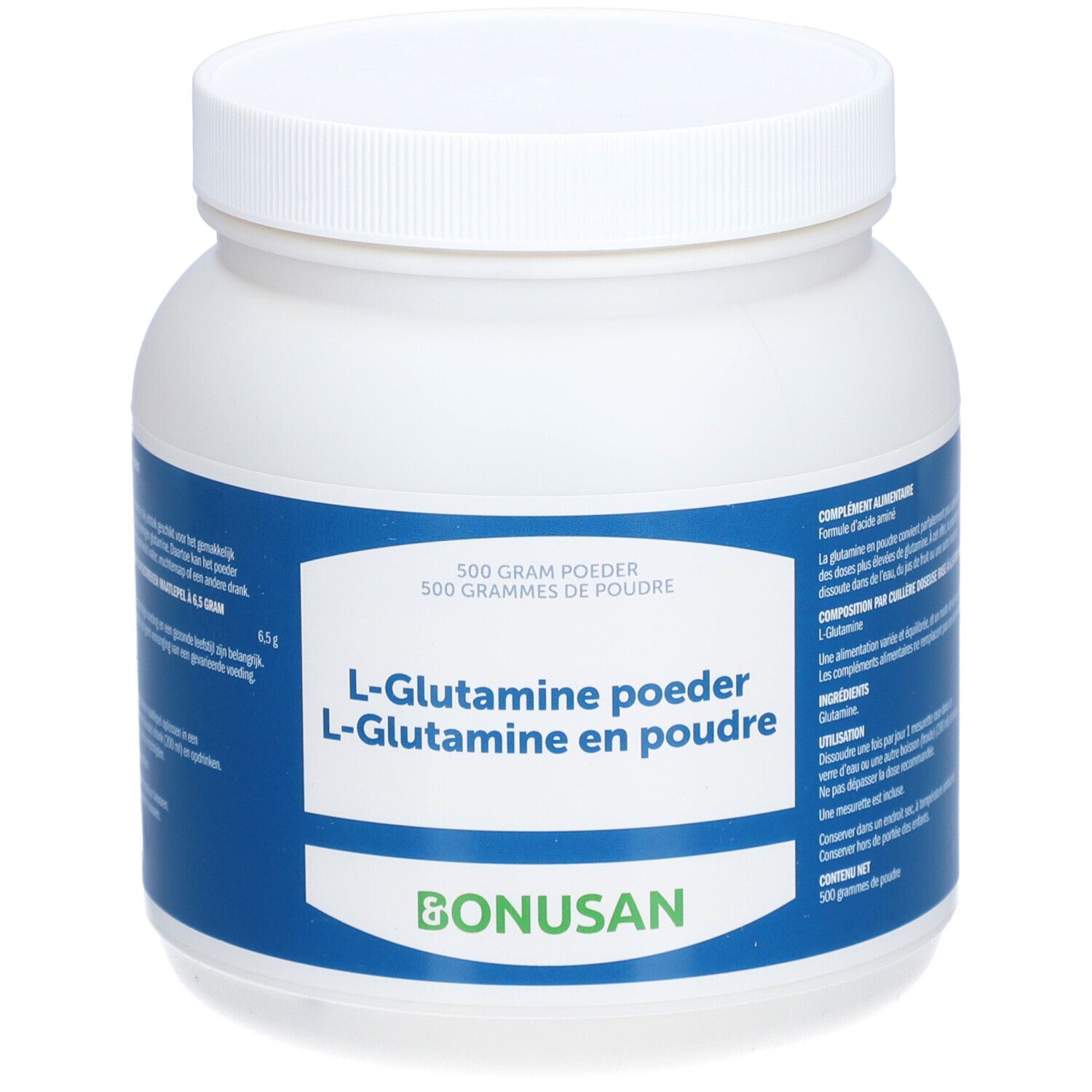 Weißes Pulver in einem weißen Behälter mit blauem Etikett. Aufschrift: L-Glutamin-Pulver.