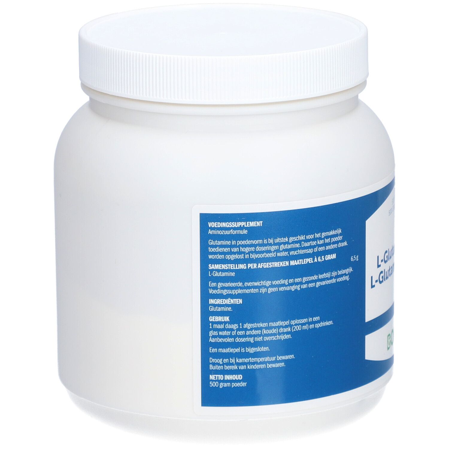 Weißes Pulver in einem weißen Behälter mit blauem Etikett. Aufschrift: L-Glutamin-Pulver.