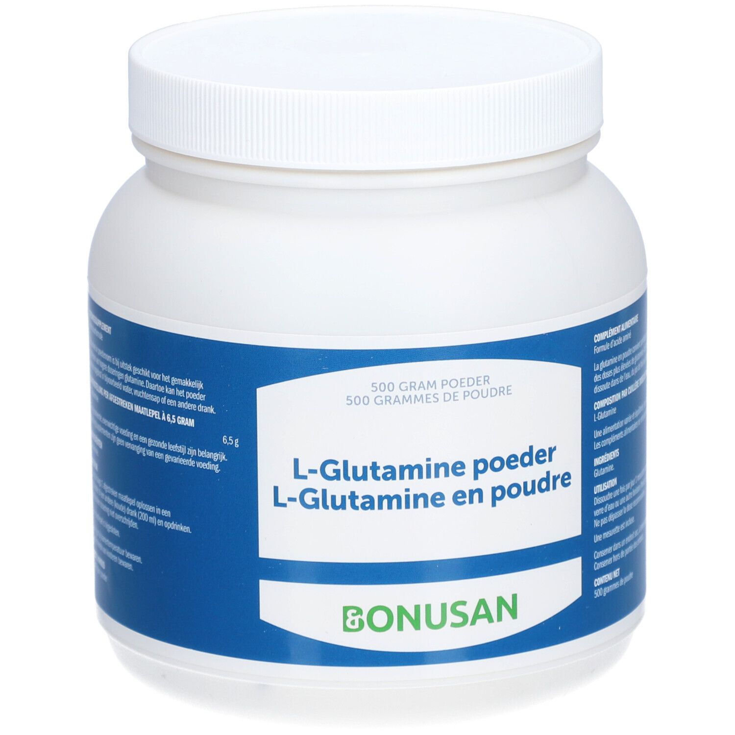 Weißes Pulver in einem weißen Behälter mit blauem Etikett. Aufschrift: L-Glutamin-Pulver.
