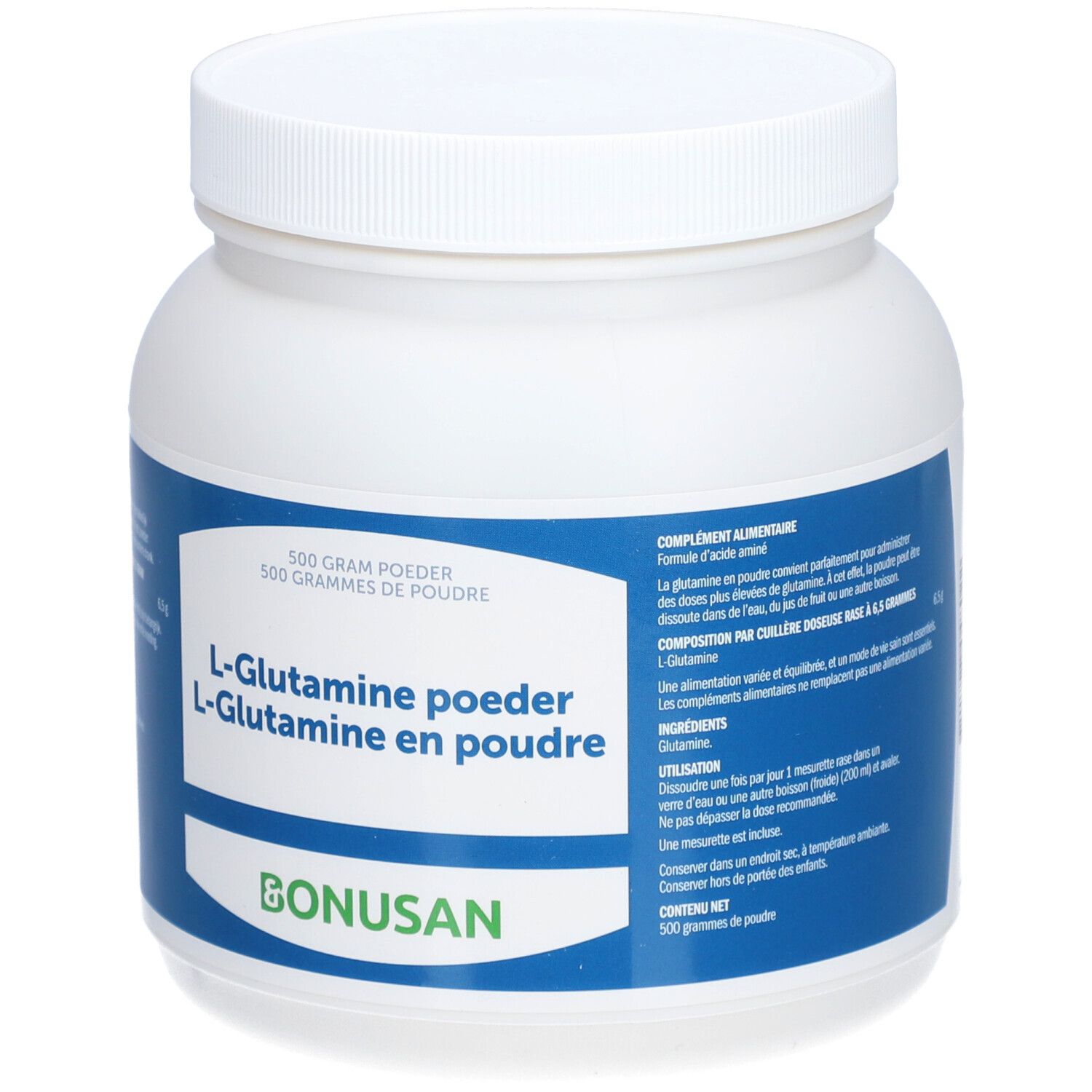 Weißes Pulver in einem weißen Behälter mit blauem Etikett. Aufschrift: L-Glutamin-Pulver.