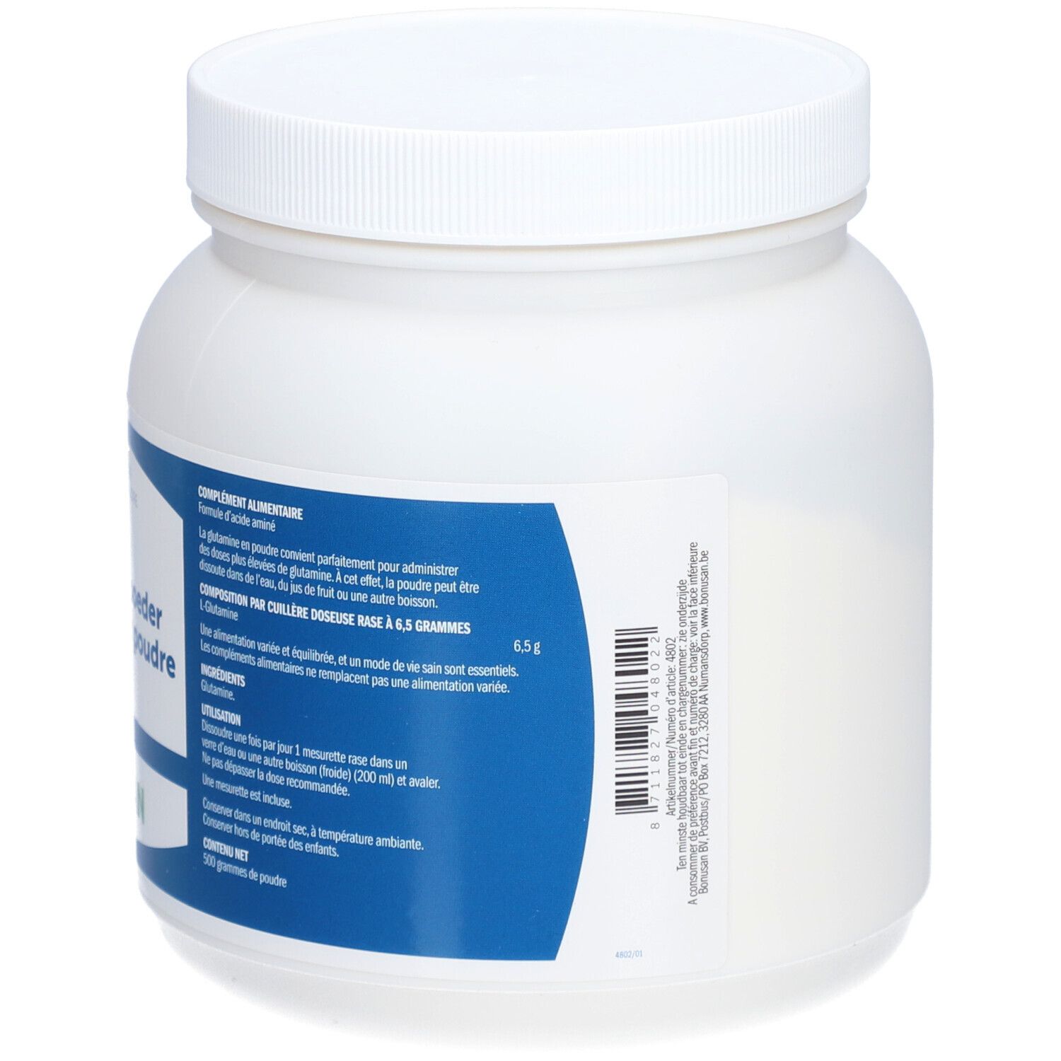Weißes Pulver in einem weißen Behälter mit blauem Etikett. Aufschrift: L-Glutamin-Pulver.
