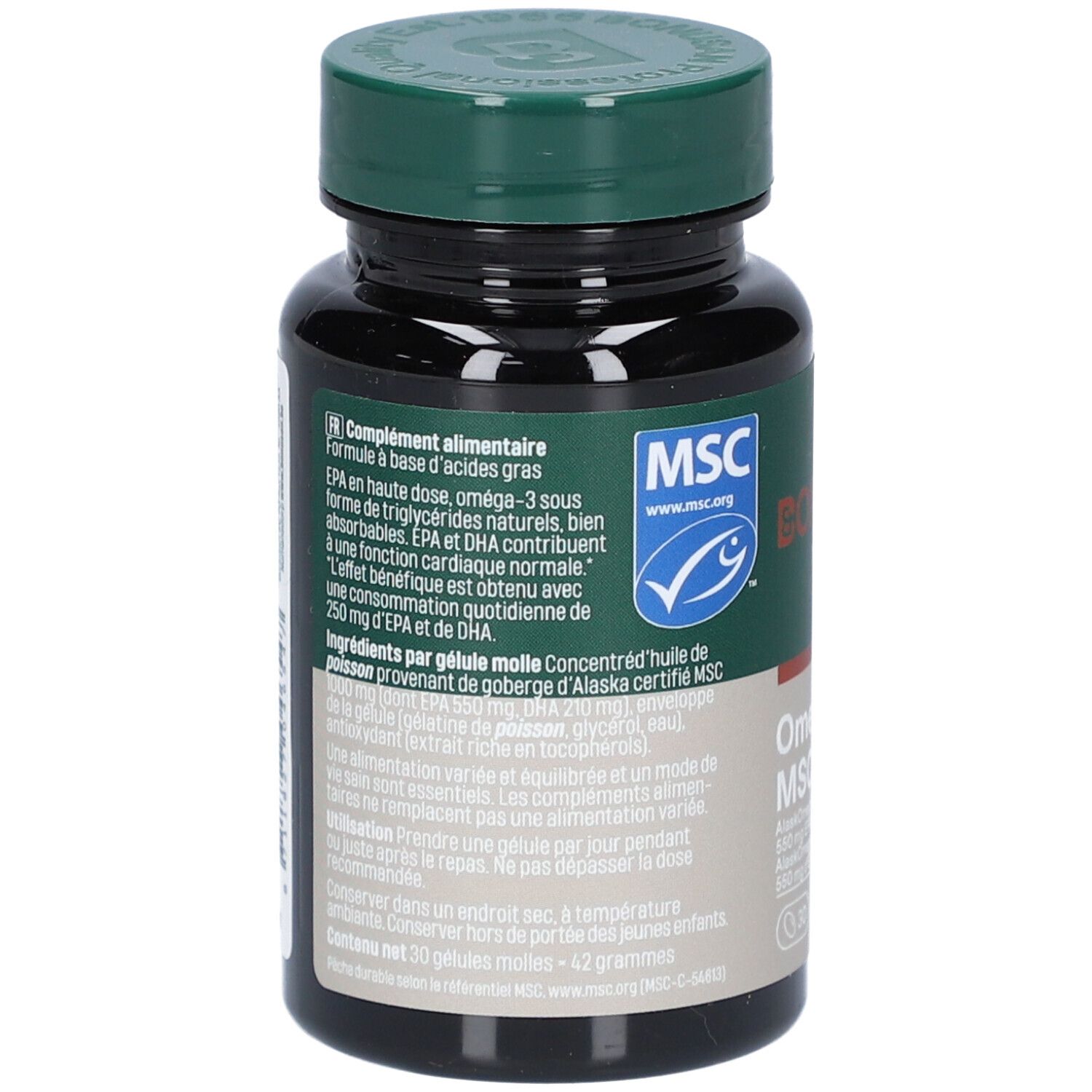 Rückseite einer dunklen Flasche mit weißem Deckel. Text in niederländischer Sprache. MSC-Zertifizierung.