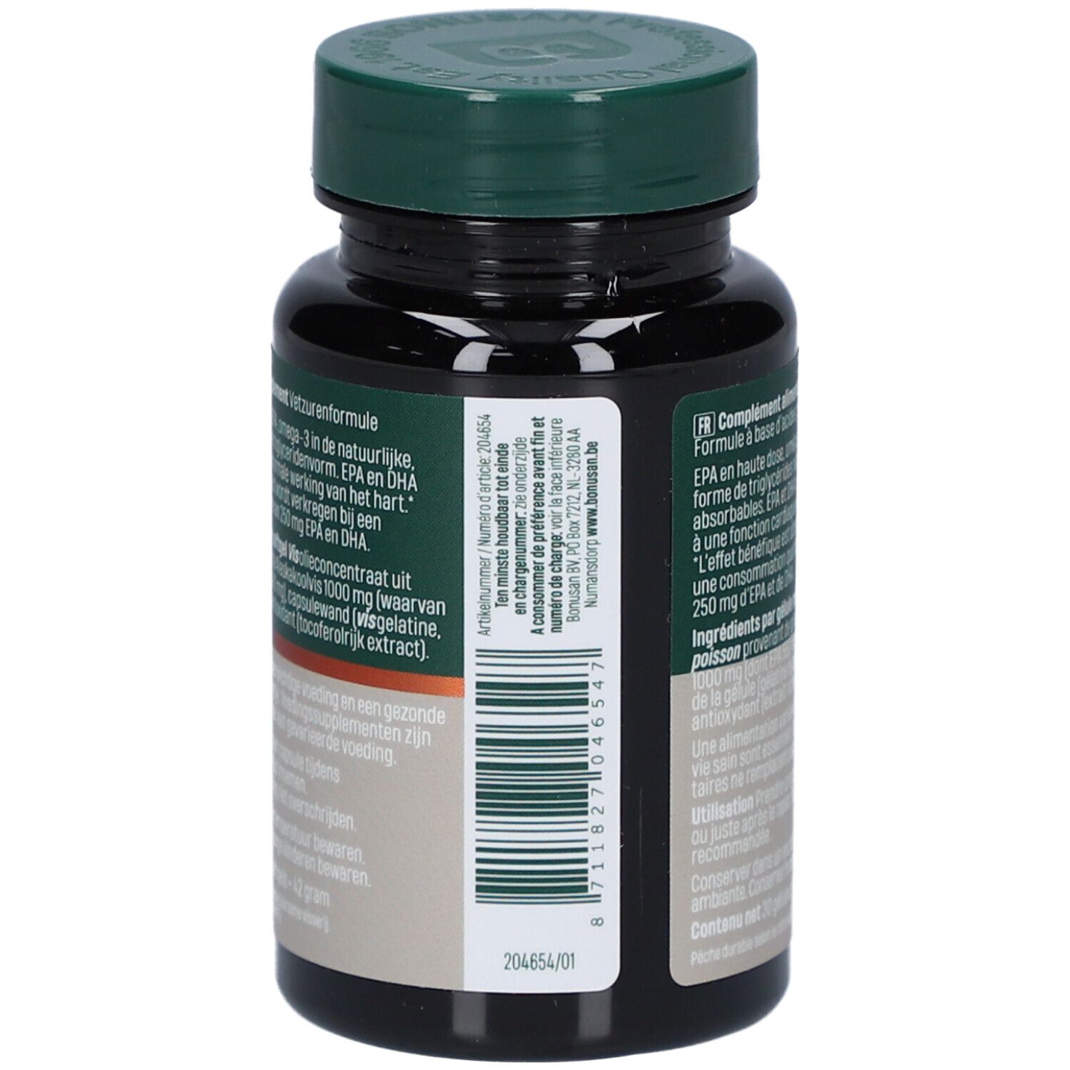 Rückseite einer dunklen Flasche mit weißem Deckel. Text in niederländischer Sprache. MSC-Zertifizierung.