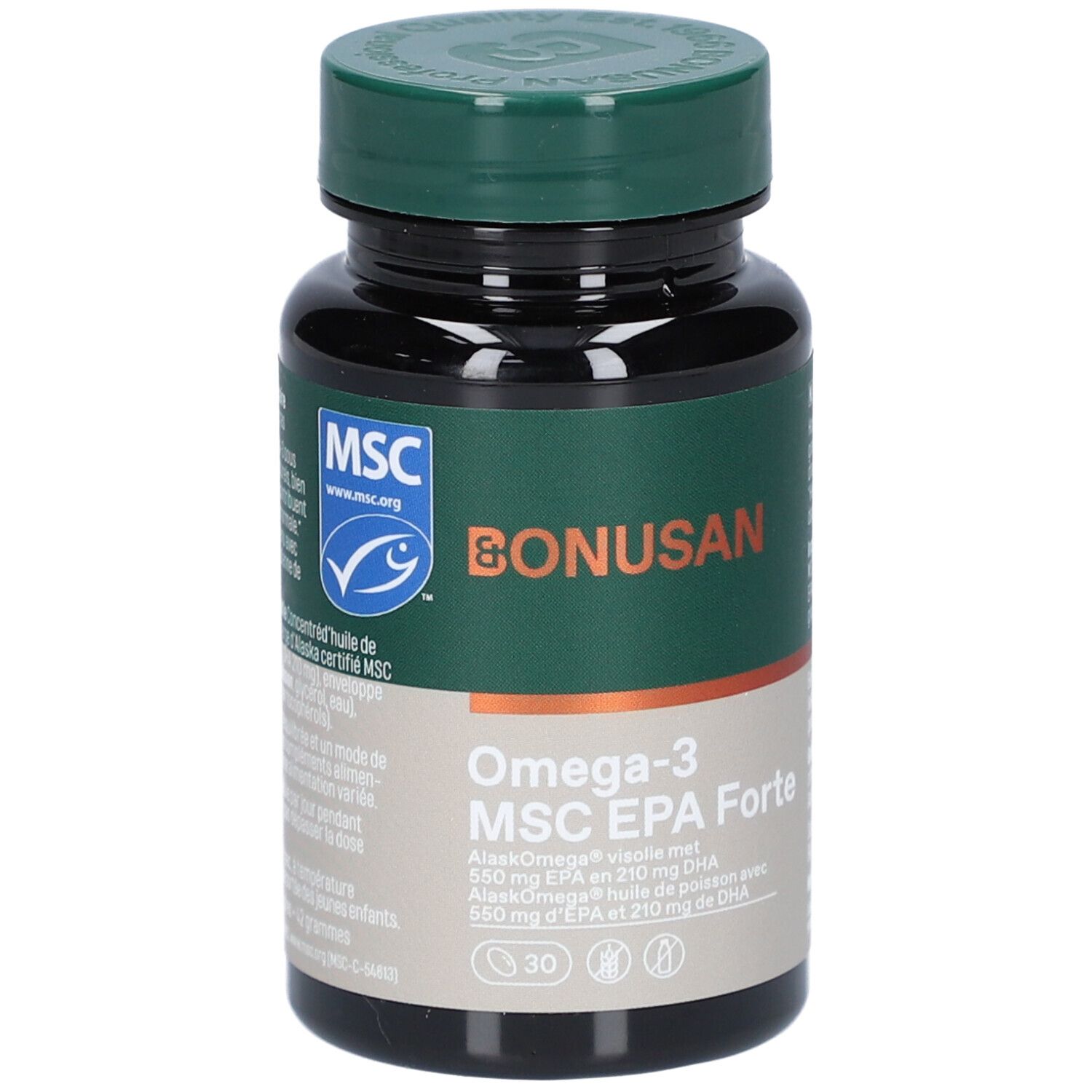 Dunkle Flasche mit weißem Deckel. Aufschrift: Oméga-3/MSC EPA Forte. MSC-Zertifizierung. Marke: Bonusan.