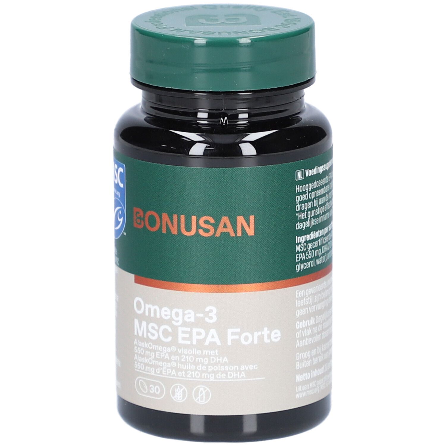Dunkle Flasche mit weißem Deckel. Aufschrift: Oméga-3/MSC EPA Forte. MSC-Zertifizierung. Marke: Bonusan.