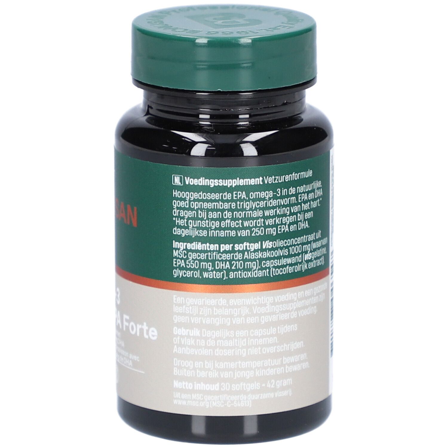 Rückseite einer dunklen Flasche mit weißem Deckel. Text in französischer Sprache. MSC-Zertifizierung.