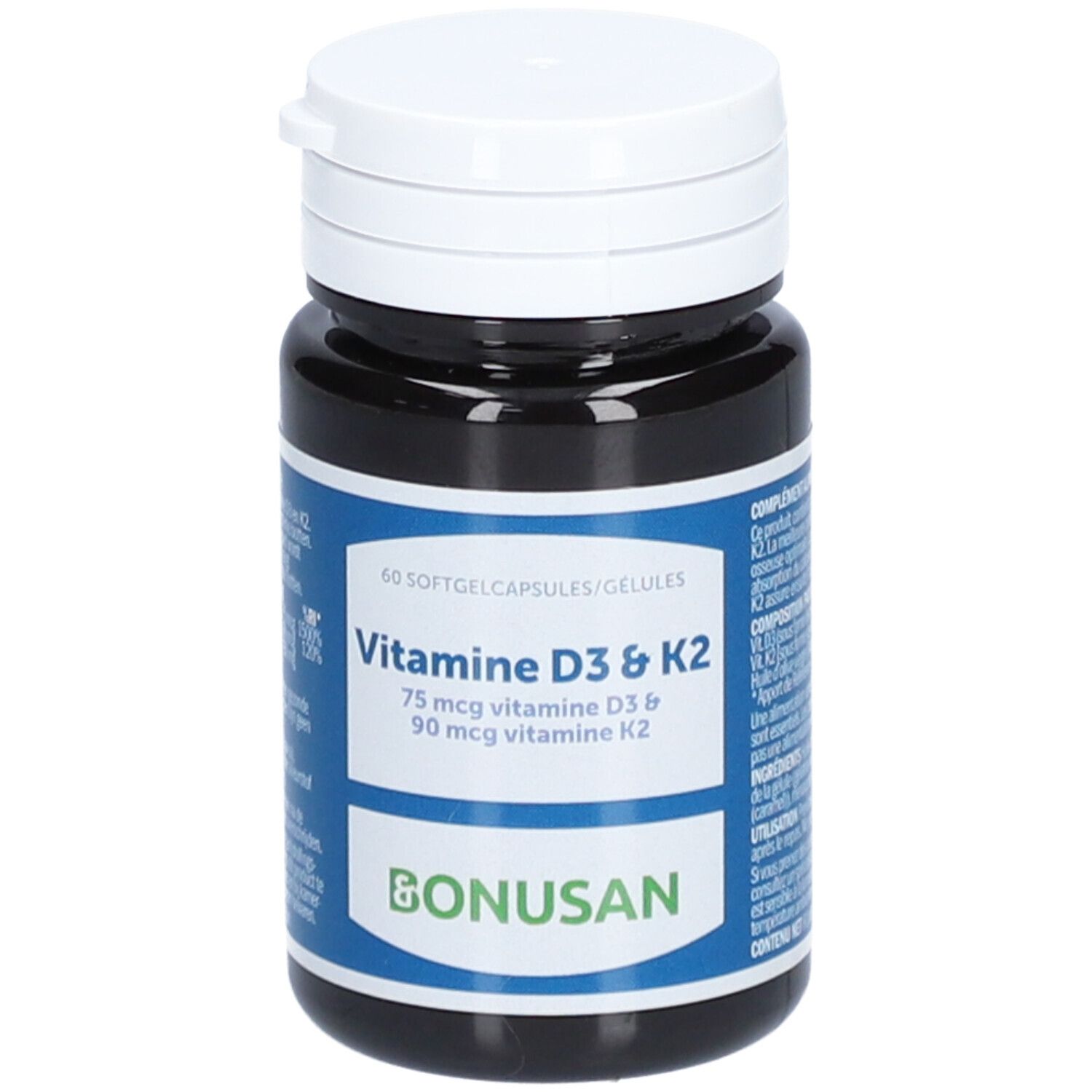 Dunkelbraune Flasche mit weißem Deckel. Aufschrift: Vitamine D3 & K2. Marke: BONUSAN. 60 Softgelkapseln.