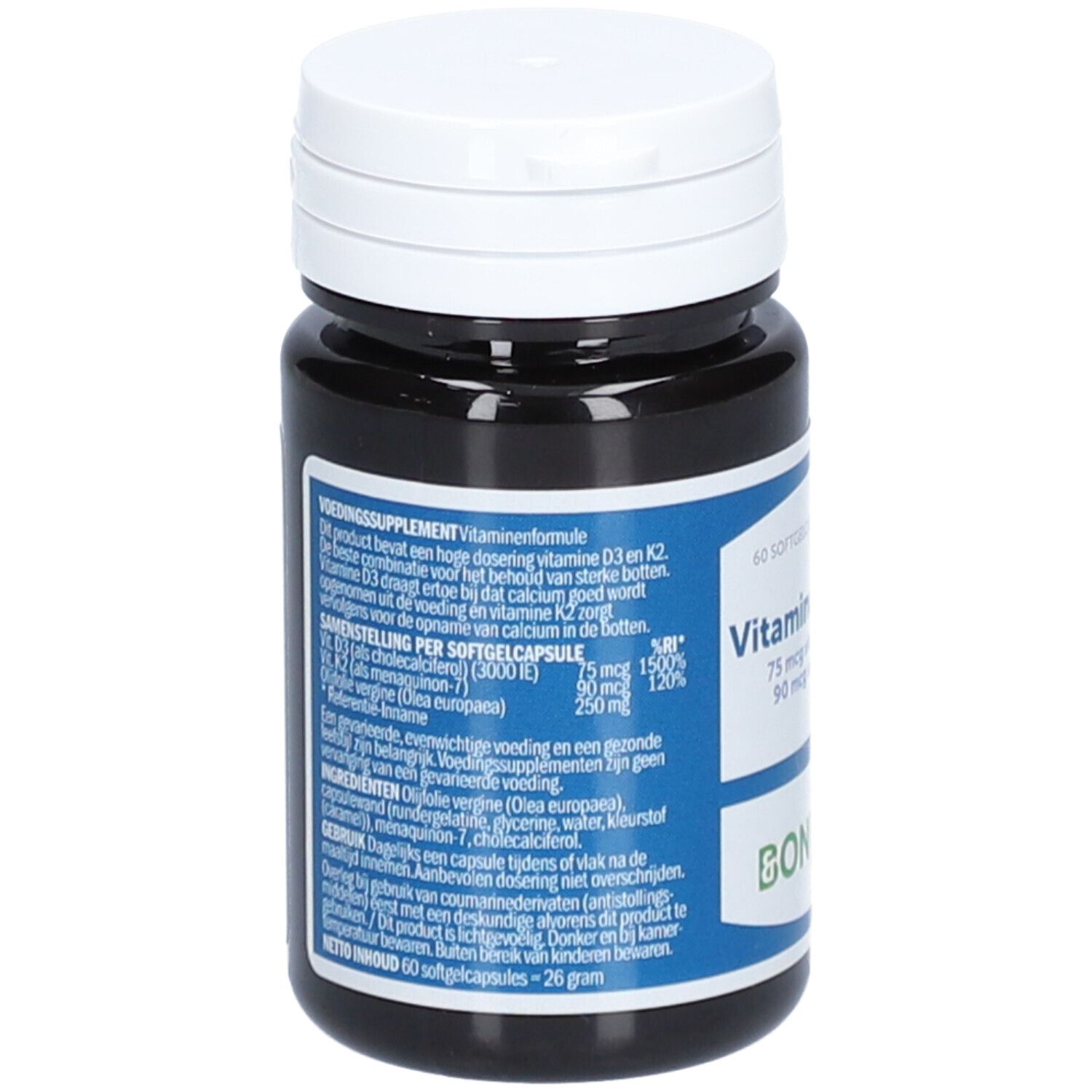 Rückseite einer dunkelbraunen Flasche mit weißem Deckel. Aufschrift: Vitamine D3 & K2. Produktinformationen und Inhaltsstoffe.
