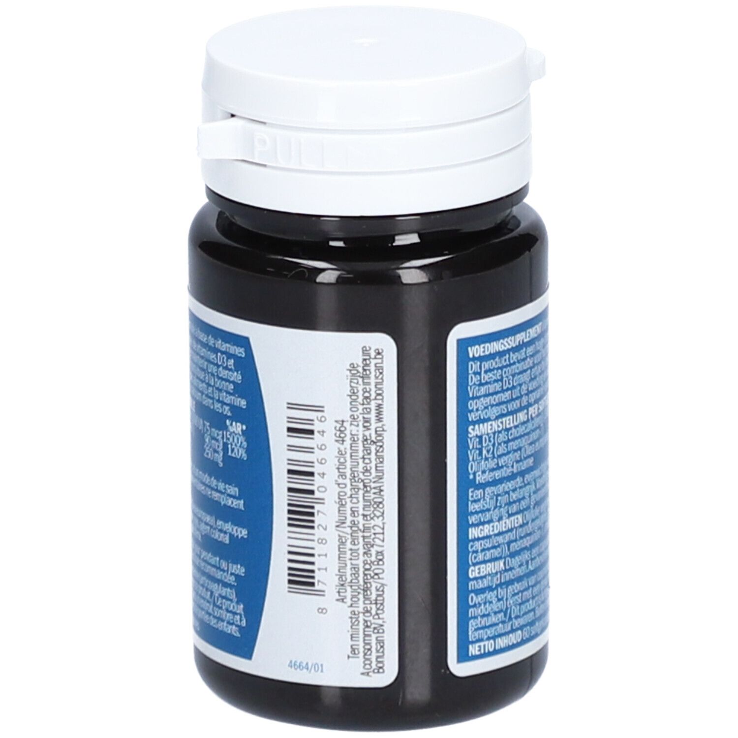 Rückseite einer dunkelbraunen Flasche mit weißem Deckel. Aufschrift: Vitamine D3 & K2. Produktinformationen und Inhaltsstoffe.
