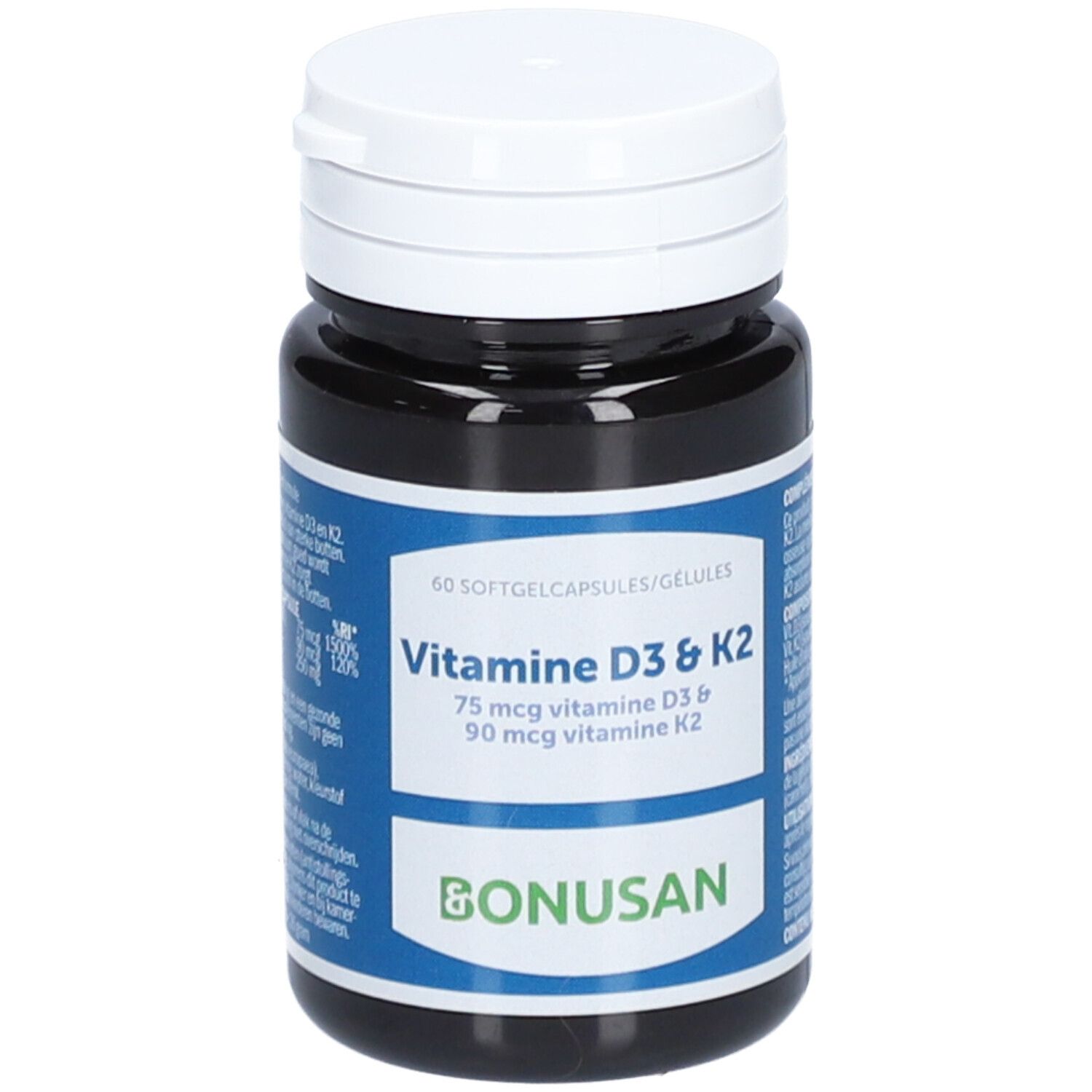 Dunkelbraune Flasche mit weißem Deckel. Aufschrift: Vitamine D3 & K2. Marke: BONUSAN. 60 Softgelkapseln.
