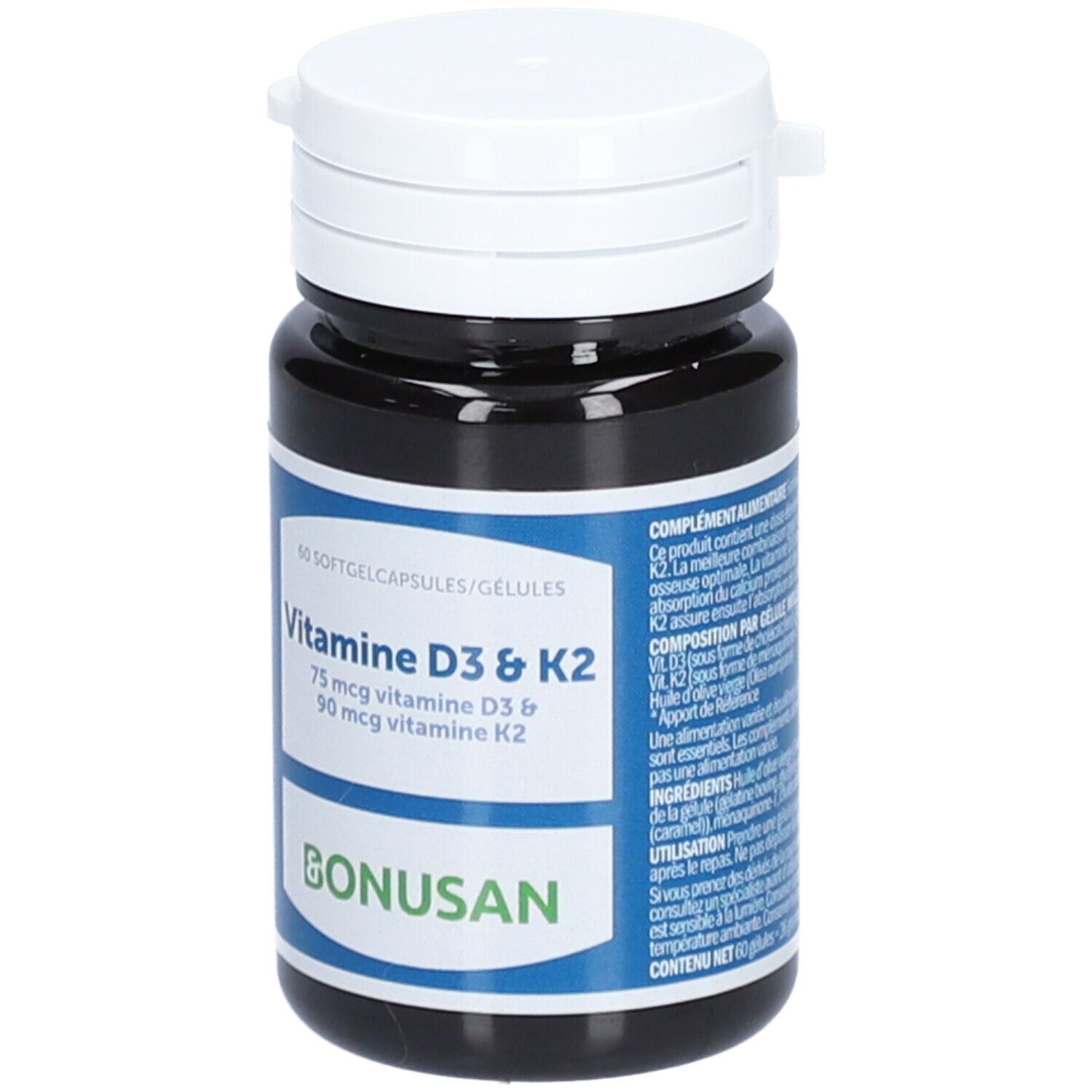 Dunkelbraune Flasche mit weißem Deckel. Aufschrift: Vitamine D3 & K2. Marke: BONUSAN. 60 Softgelkapseln.