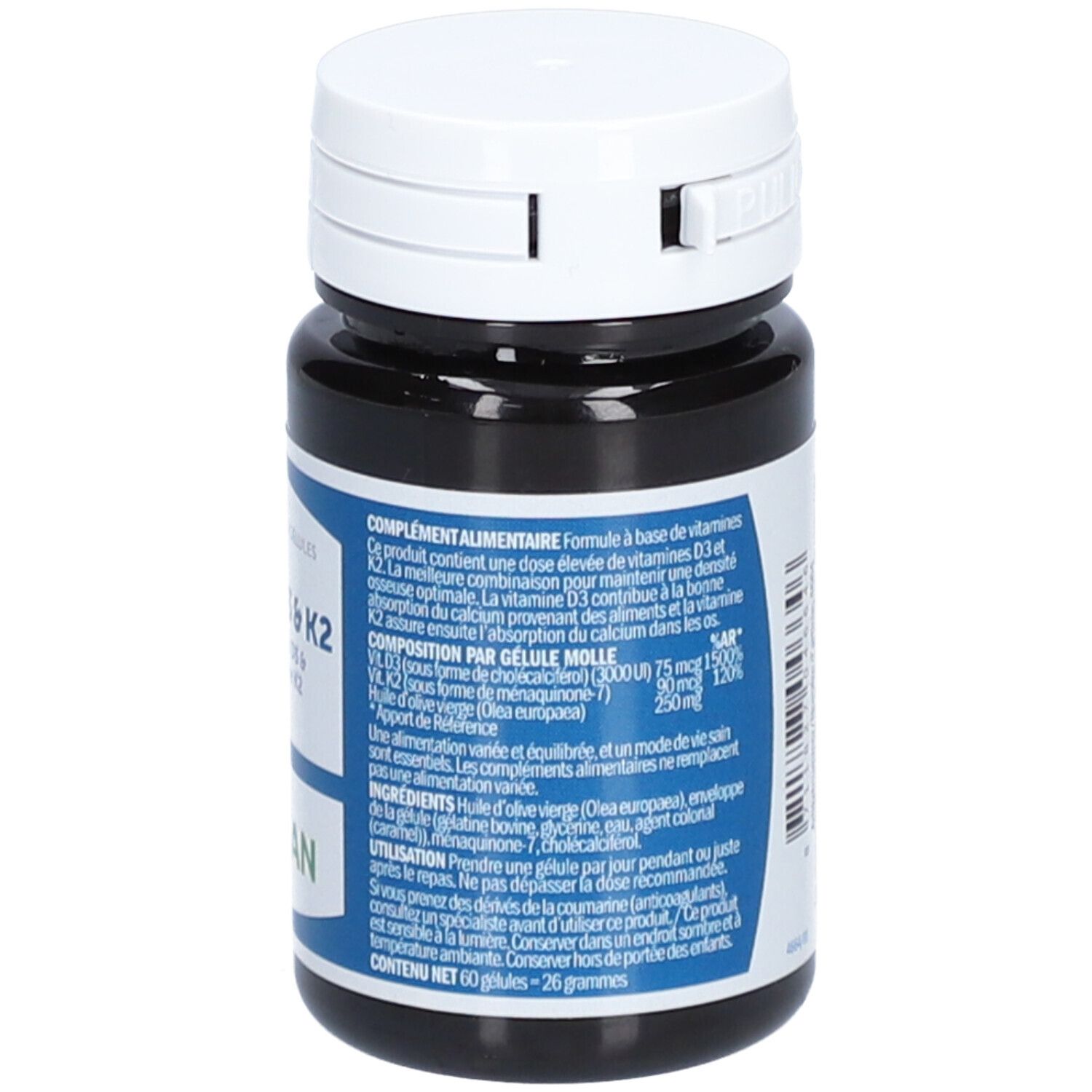 Rückseite einer dunkelbraunen Flasche mit weißem Deckel. Aufschrift: Vitamine D3 & K2. Produktinformationen und Inhaltsstoffe.