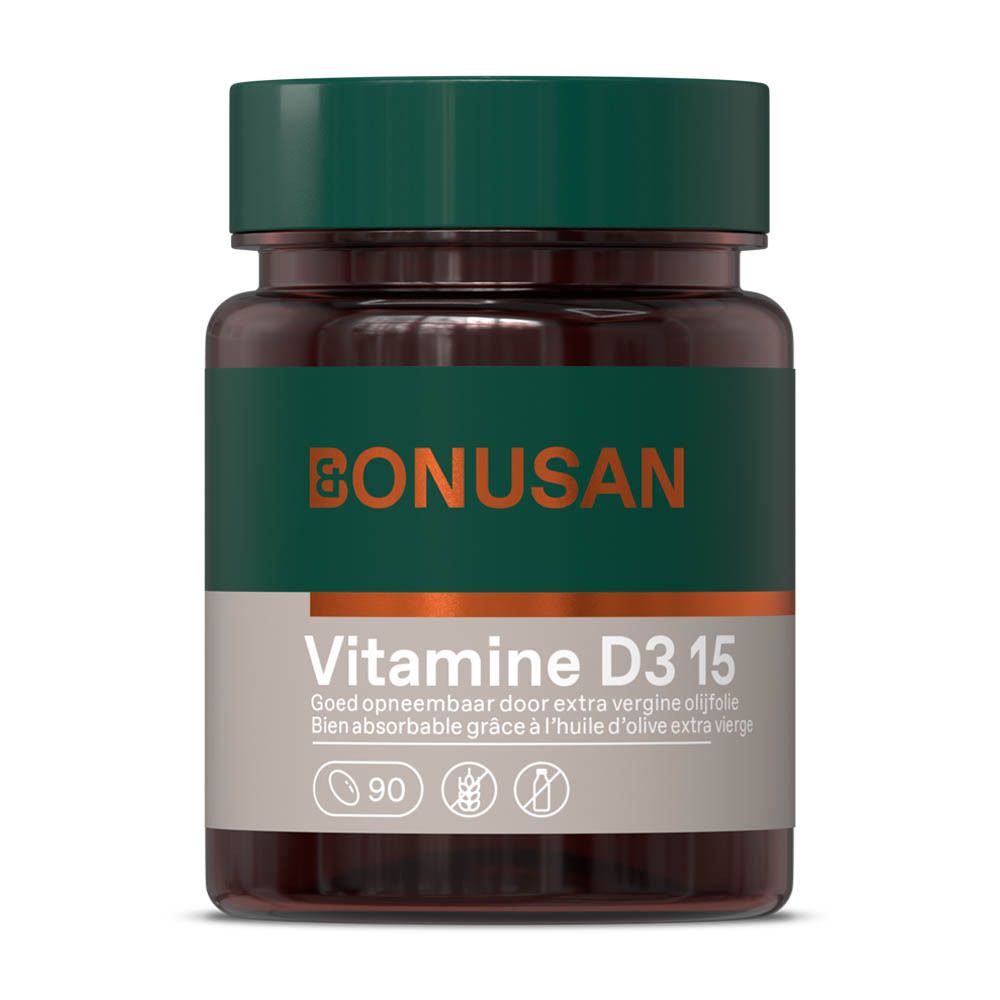 Braune Glasflasche mit grünem Deckel. Bonusan Vitamine D3 15.