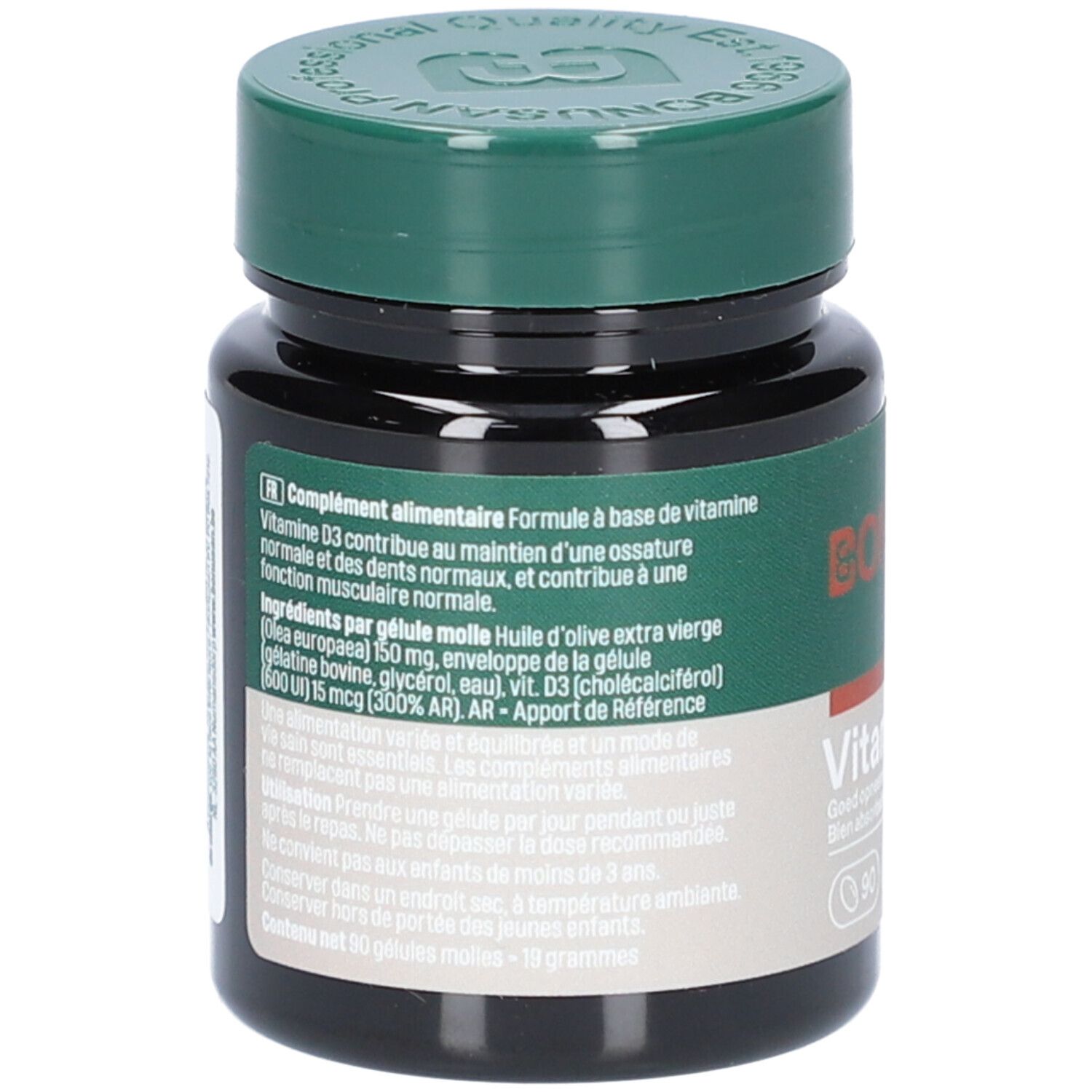 Rückseite einer dunklen Flasche mit weißem Deckel. Text auf blauem Etikett, darunter 'Voedingssupplement' und 'Vitamine D3'.