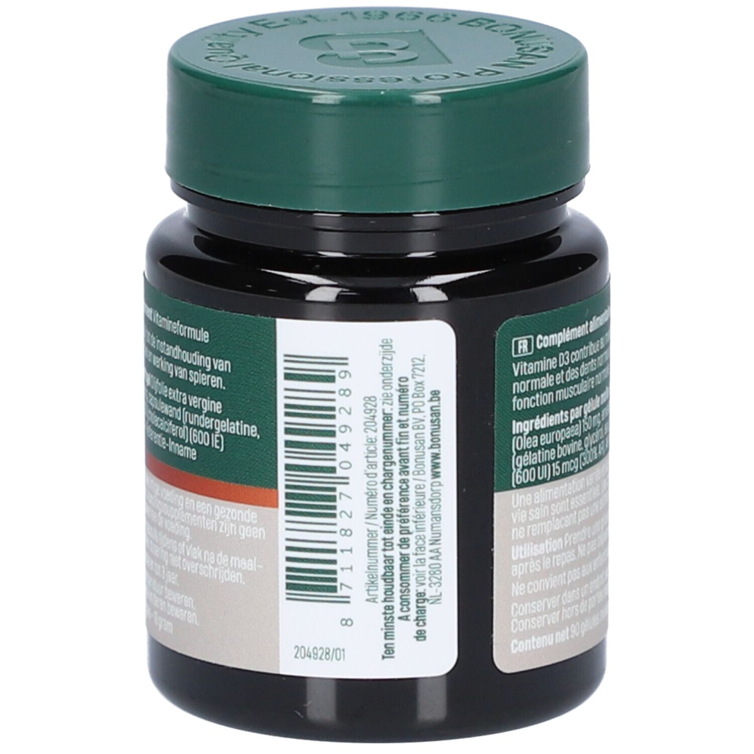 Rückseite einer dunklen Flasche mit weißem Deckel. Etikett mit Text und Barcode. 'Vitamine D3' ist sichtbar.