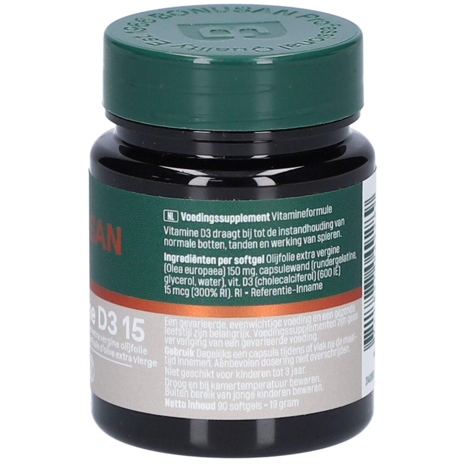 Rückseite einer dunklen Flasche mit weißem Deckel. Etikett mit Text, darunter 'Vitamine D3' und 'Bonusan'.