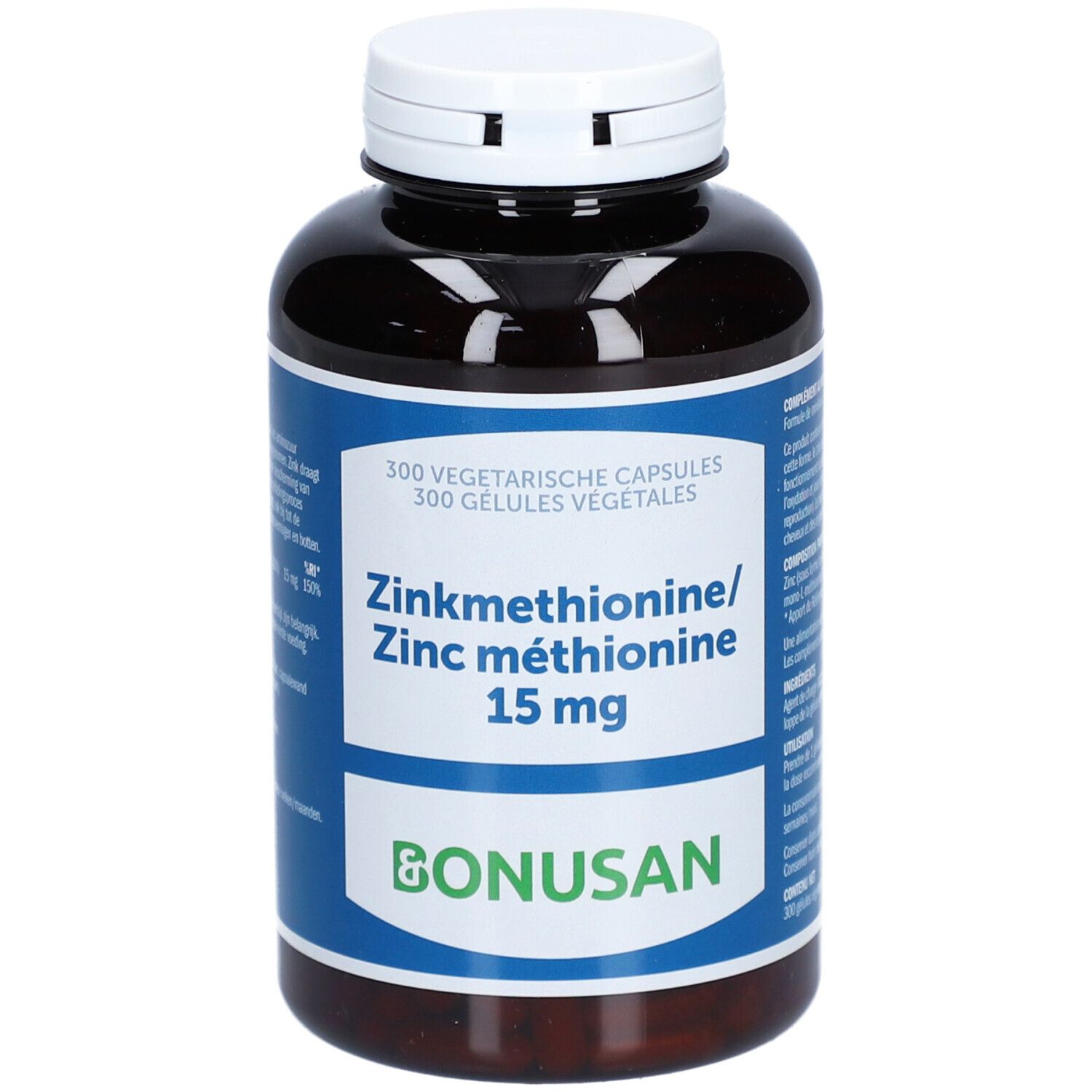 Braune Flasche mit weißem Deckel. Blaues Etikett mit Text: Zinkmethionin 15 mg, BONUSAN. 300 Kapseln.