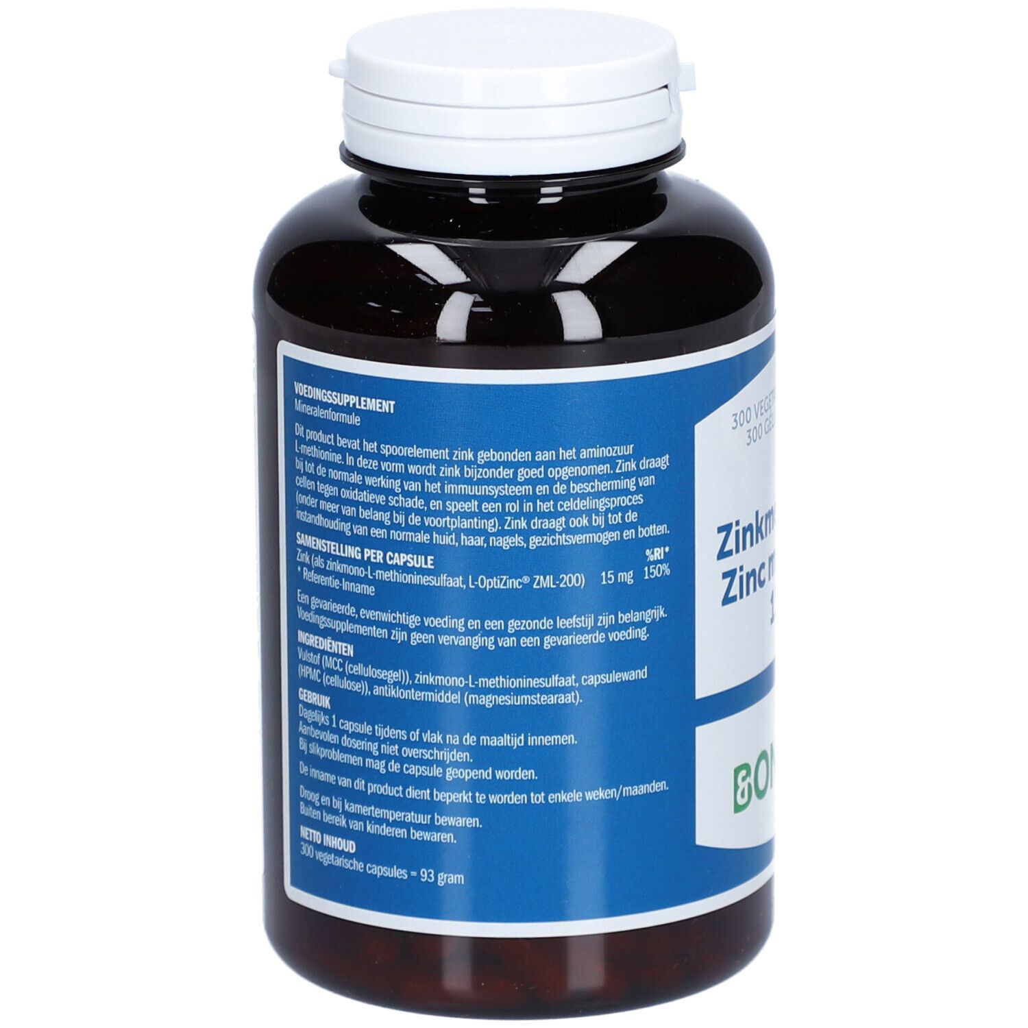 Braune Flasche mit weißem Deckel. Blaues Etikett mit Text: Zinkmethionin 15 mg, BONUSAN. 300 Kapseln.