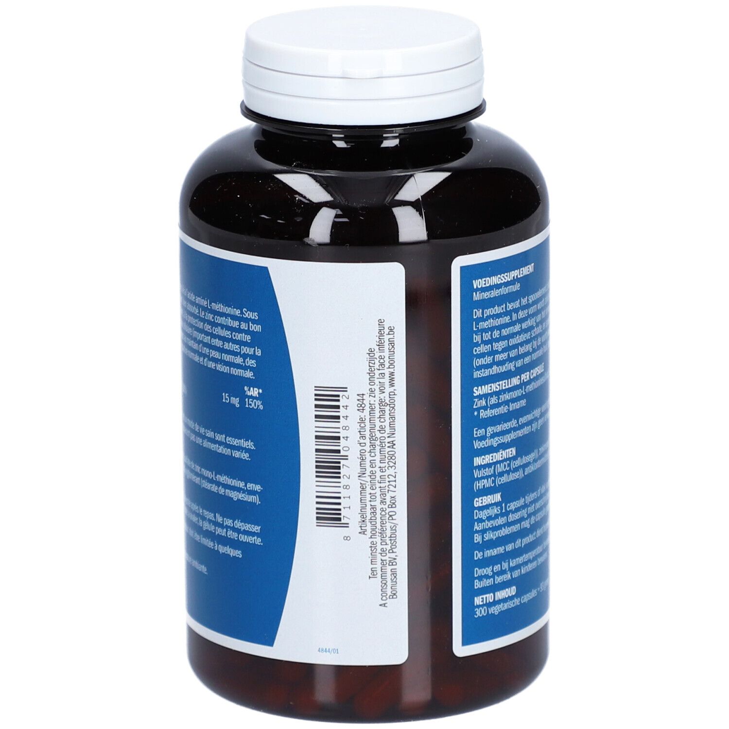 Braune Flasche mit weißem Deckel. Blaues Etikett mit Text: Zinkmethionin 15 mg, BONUSAN. 300 Kapseln.