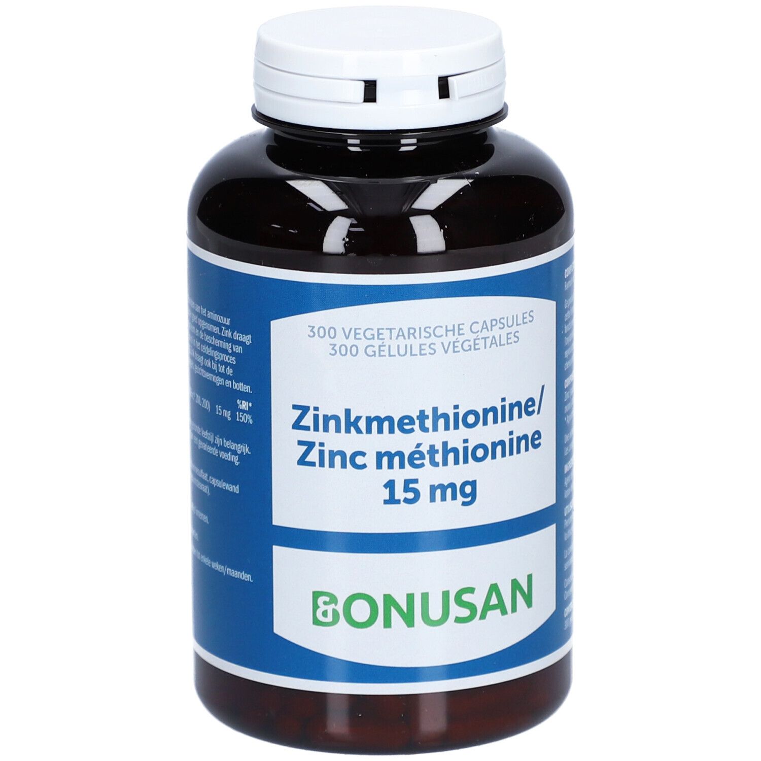 Braune Flasche mit weißem Deckel. Blaues Etikett mit Text: Zinkmethionin 15 mg, BONUSAN. 300 Kapseln.