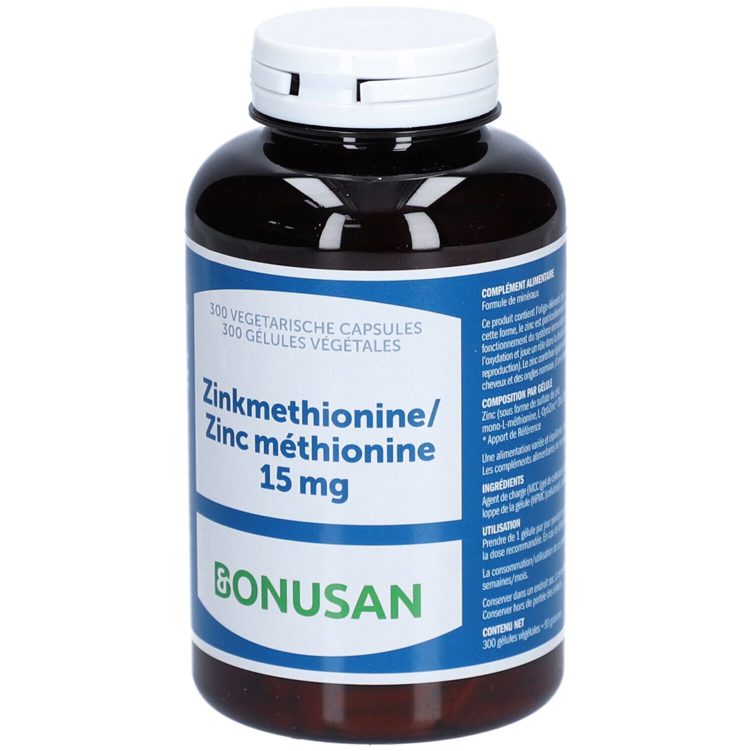 Braune Flasche mit weißem Deckel. Blaues Etikett mit Text: Zinkmethionin 15 mg, BONUSAN. 300 Kapseln.