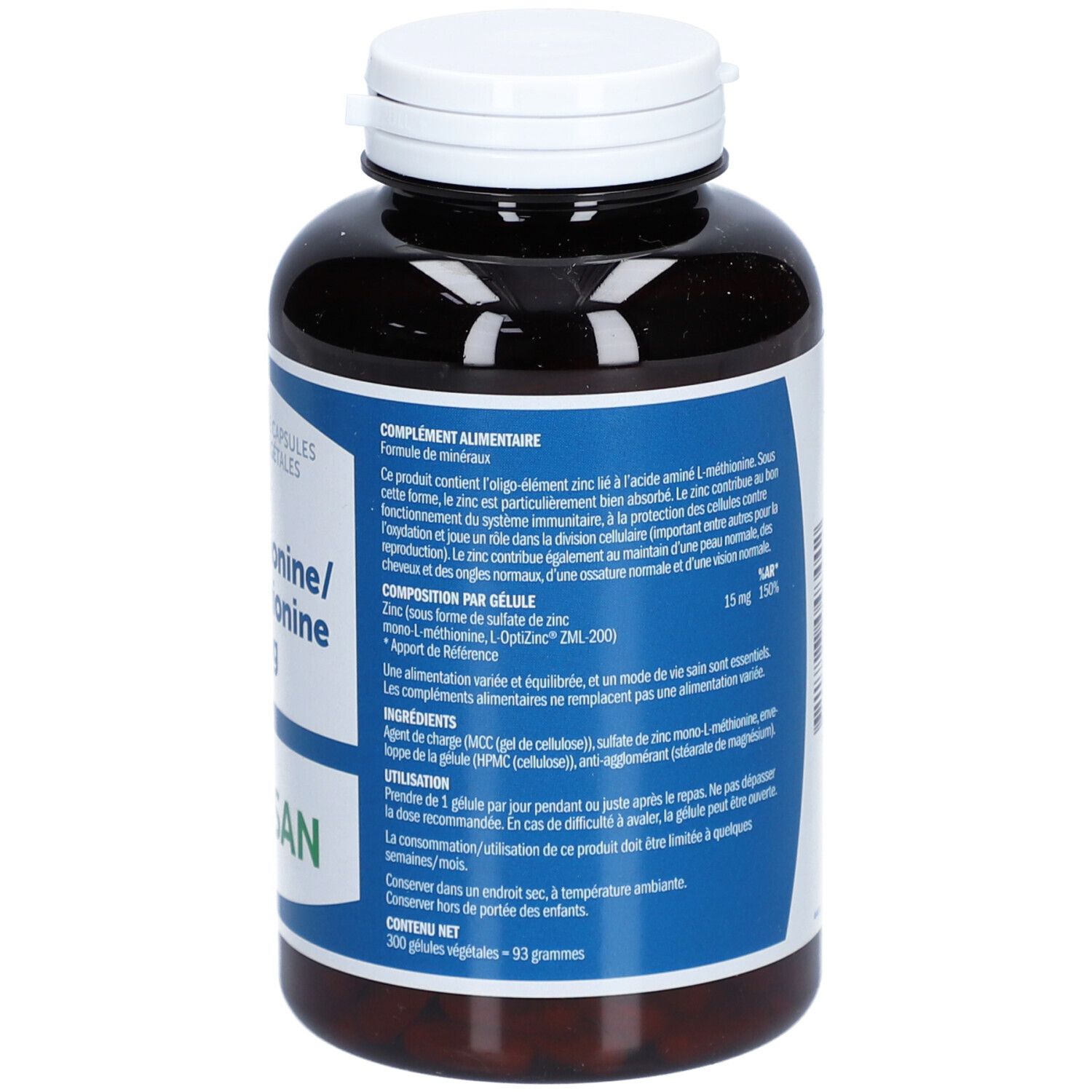 Braune Flasche mit weißem Deckel. Blaues Etikett mit Text: Zinkmethionin 15 mg, BONUSAN. 300 Kapseln.