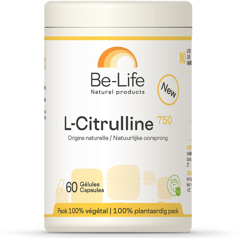 Behälter mit L-Citrullin 750. Weißer Behälter mit gelbem Deckel. Aufschrift: Be-Life, L-Citrulline 750, 60 Kapseln.