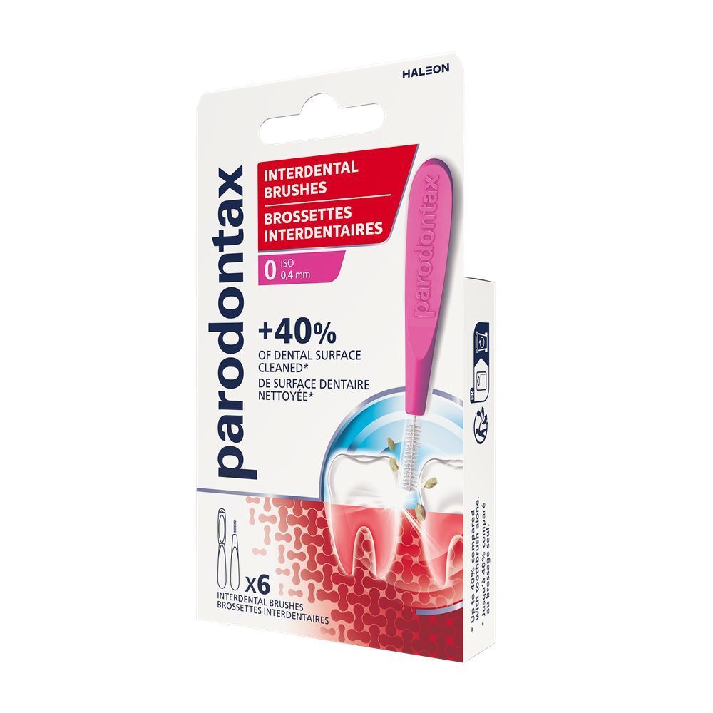 Brossette interdentaire PARODONTAX, rose. Manche ergonomique, fil flexible, brins ultra-fins. Avec capuchon.