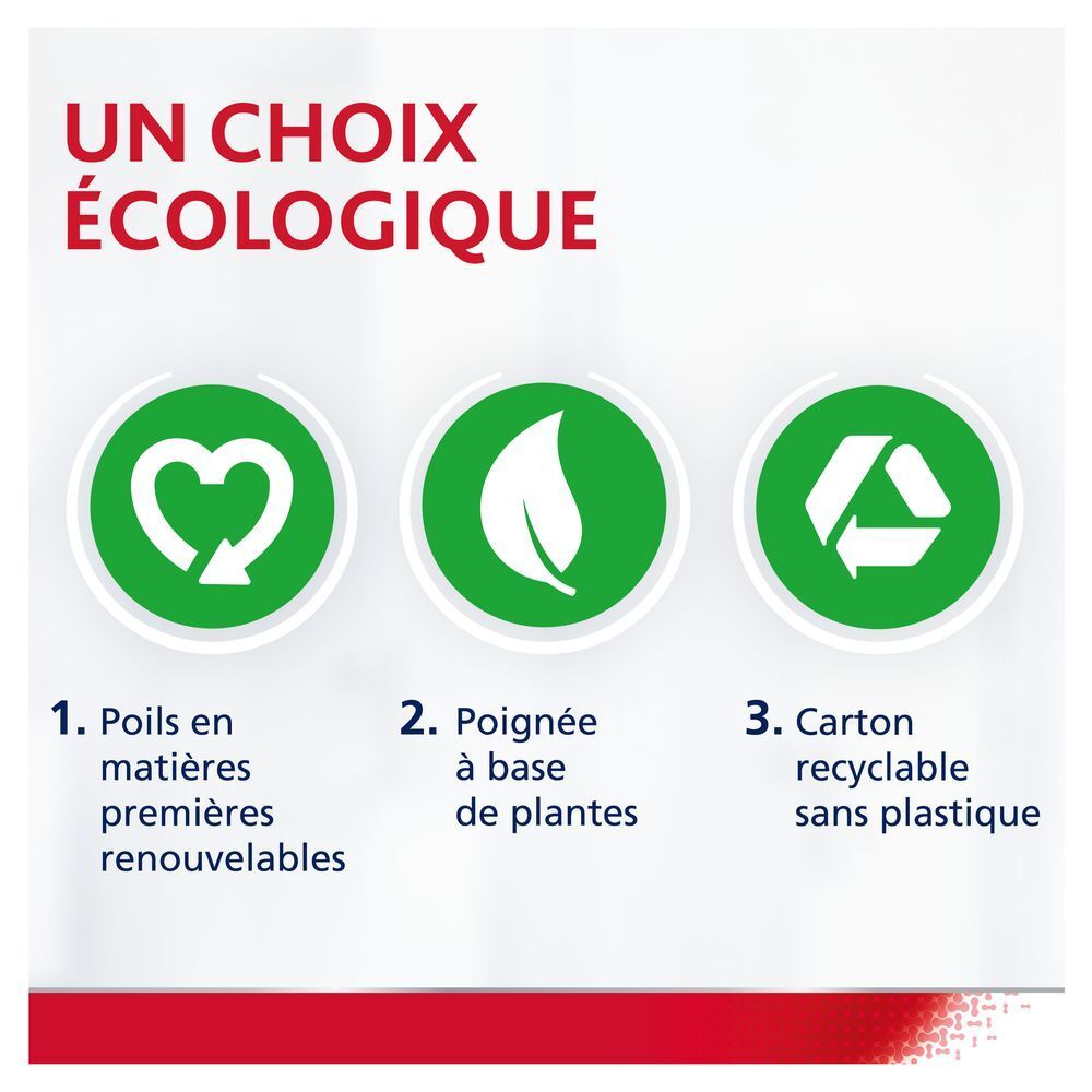 Bouche avec brossette interdentaire. Texte : Élimine la plaque dentaire dans les zones difficiles d'accès.