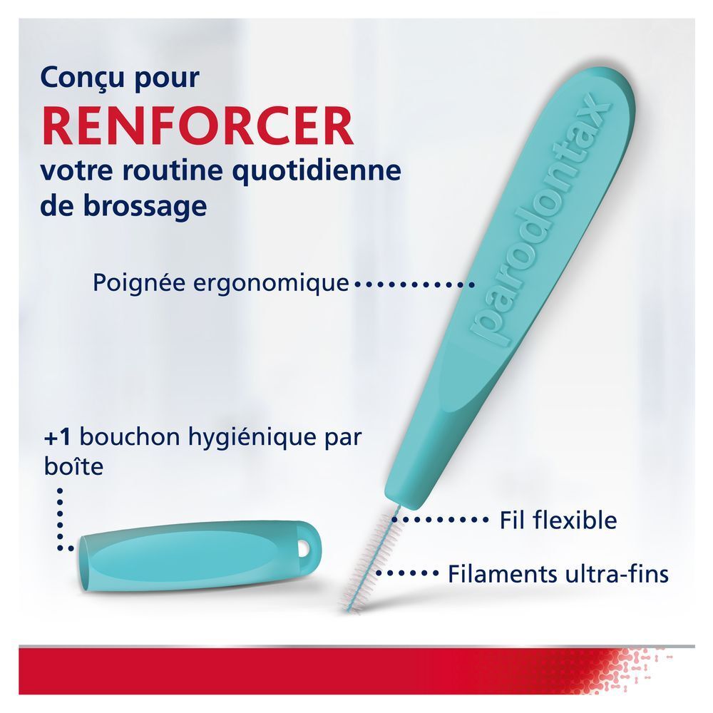 +40% de surface dentaire nettoyée. La brosse interdentaire PARODONTAX nettoie dents et gencives.