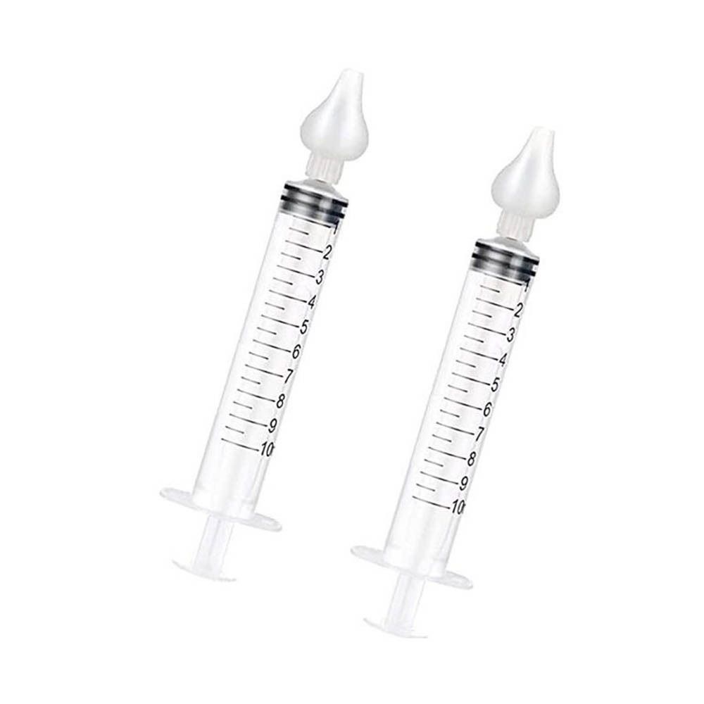 Deux seringues transparentes avec embout nasal. Graduation jusqu'à 10. Marques noires et texte.