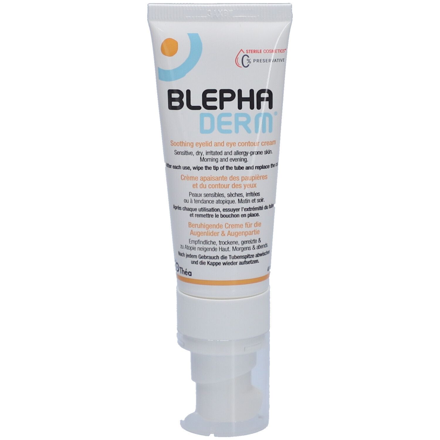 Creme-Tube BLEPHA DERM. Weiße Tube mit blau-orangem Design. Aufschrift: BLEPHA DERM. Mit Spender.