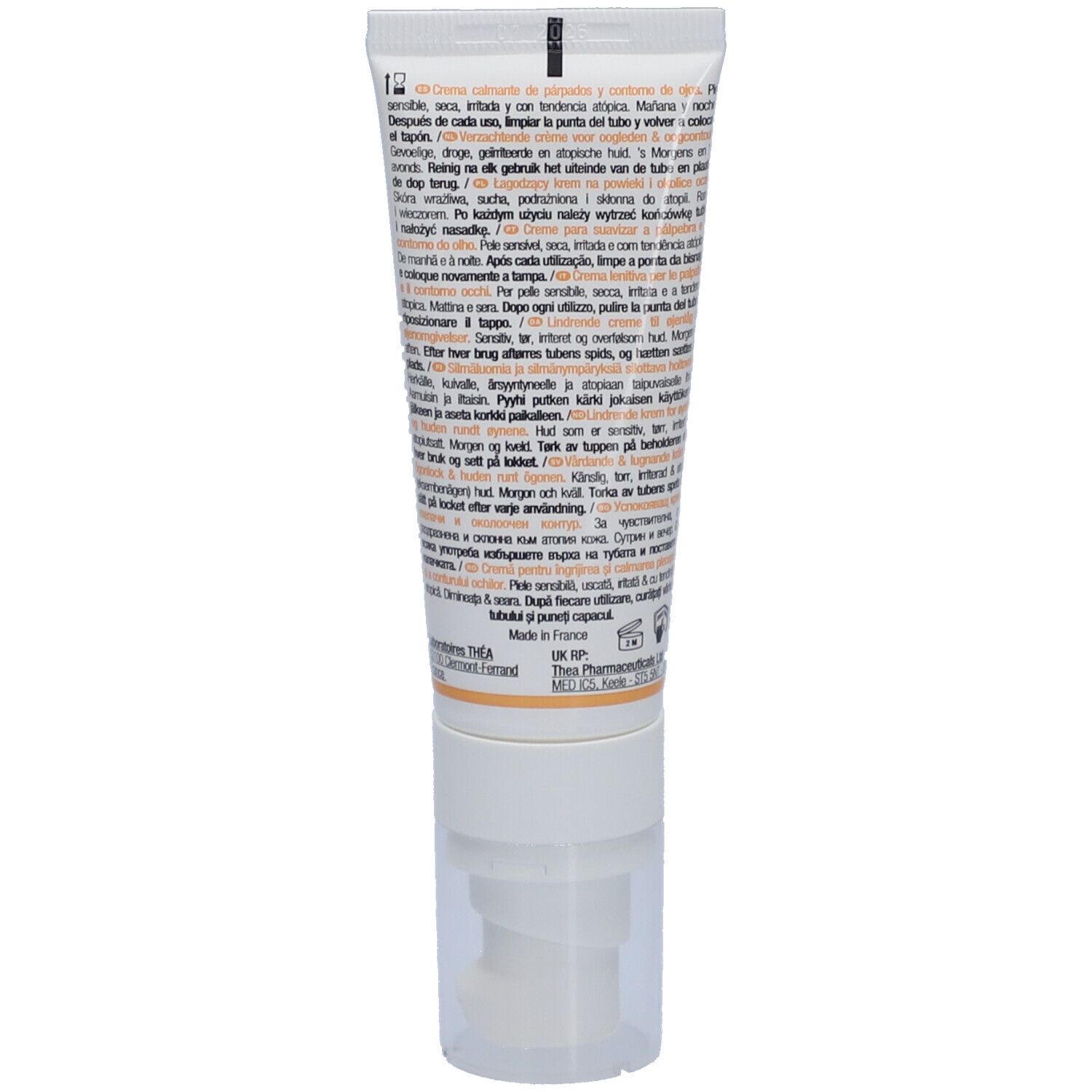 Rückseite der BLEPHA DERM Creme-Tube. Text in mehreren Sprachen. Weiße Tube mit Spender.