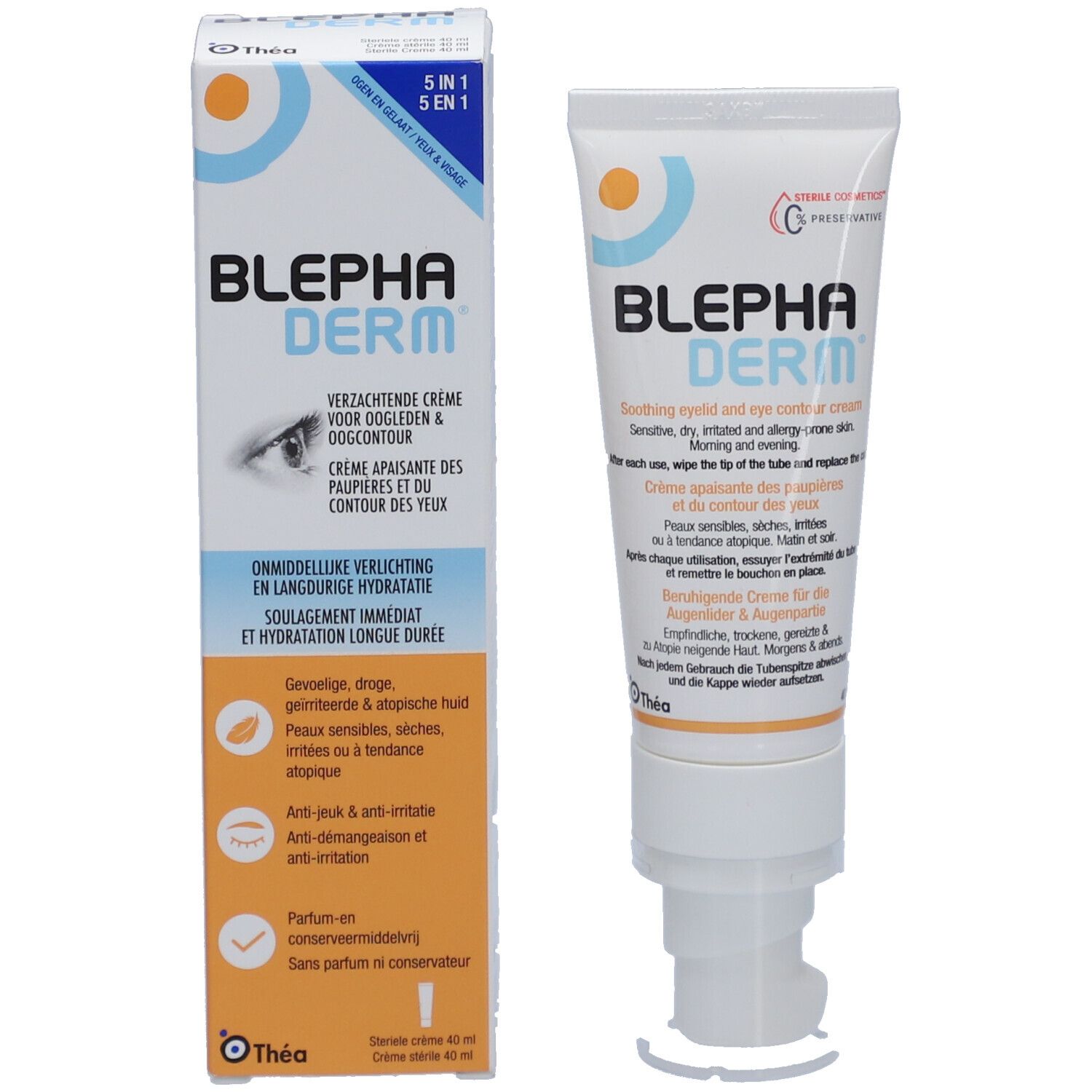 BLEPHA DERM Creme-Tube und Schachtel. Weiße Tube und Schachtel mit blau-orangem Design. Aufschrift: BLEPHA DERM.